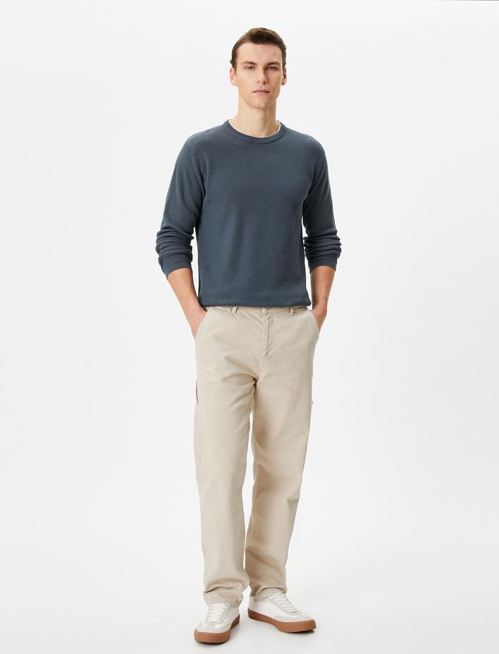  Basic Triko Kazak Bisiklet Yaka Kumaş Detaylı Pamuklu