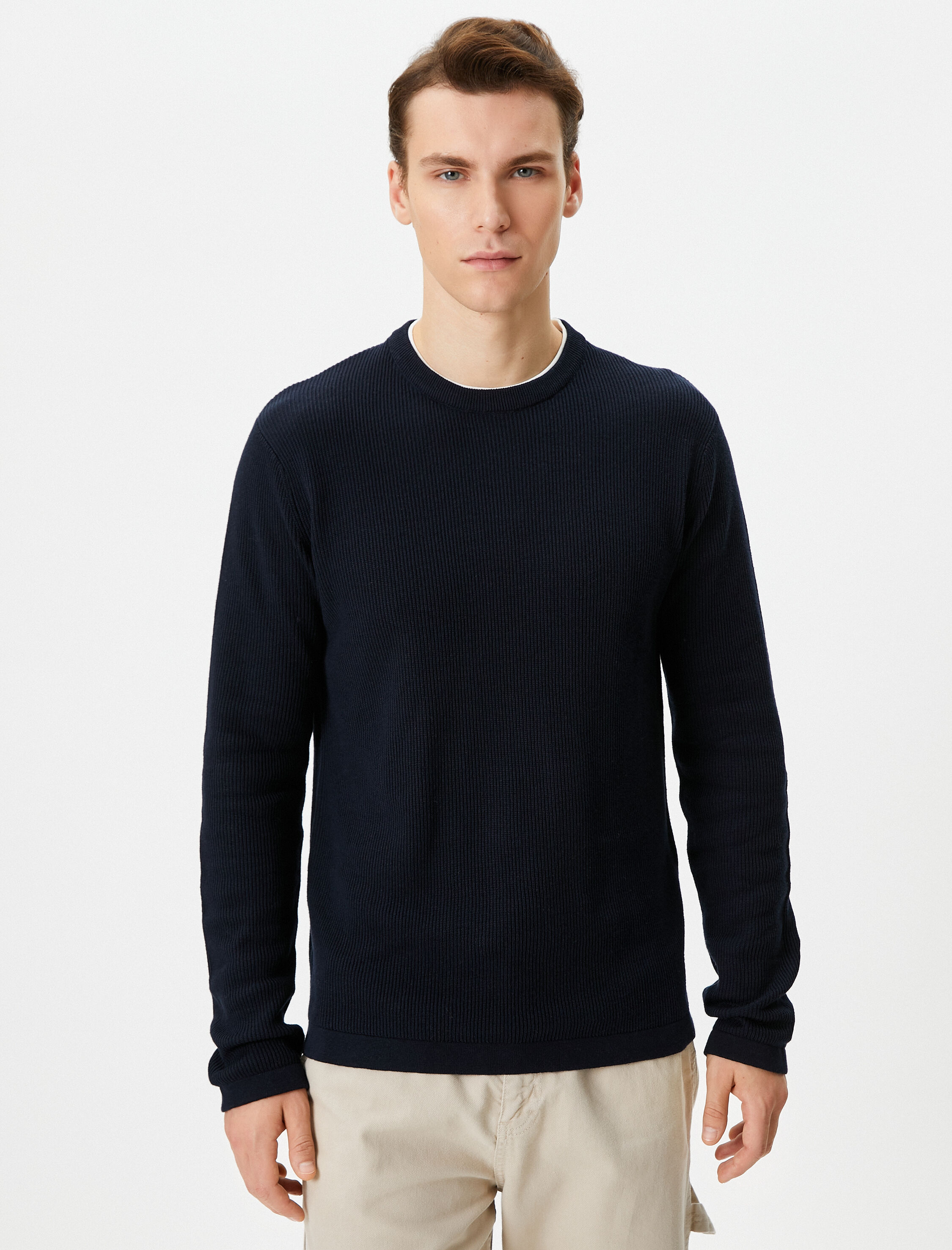   Basic Triko Kazak Bisiklet Yaka Kumaş Detaylı Pamuklu