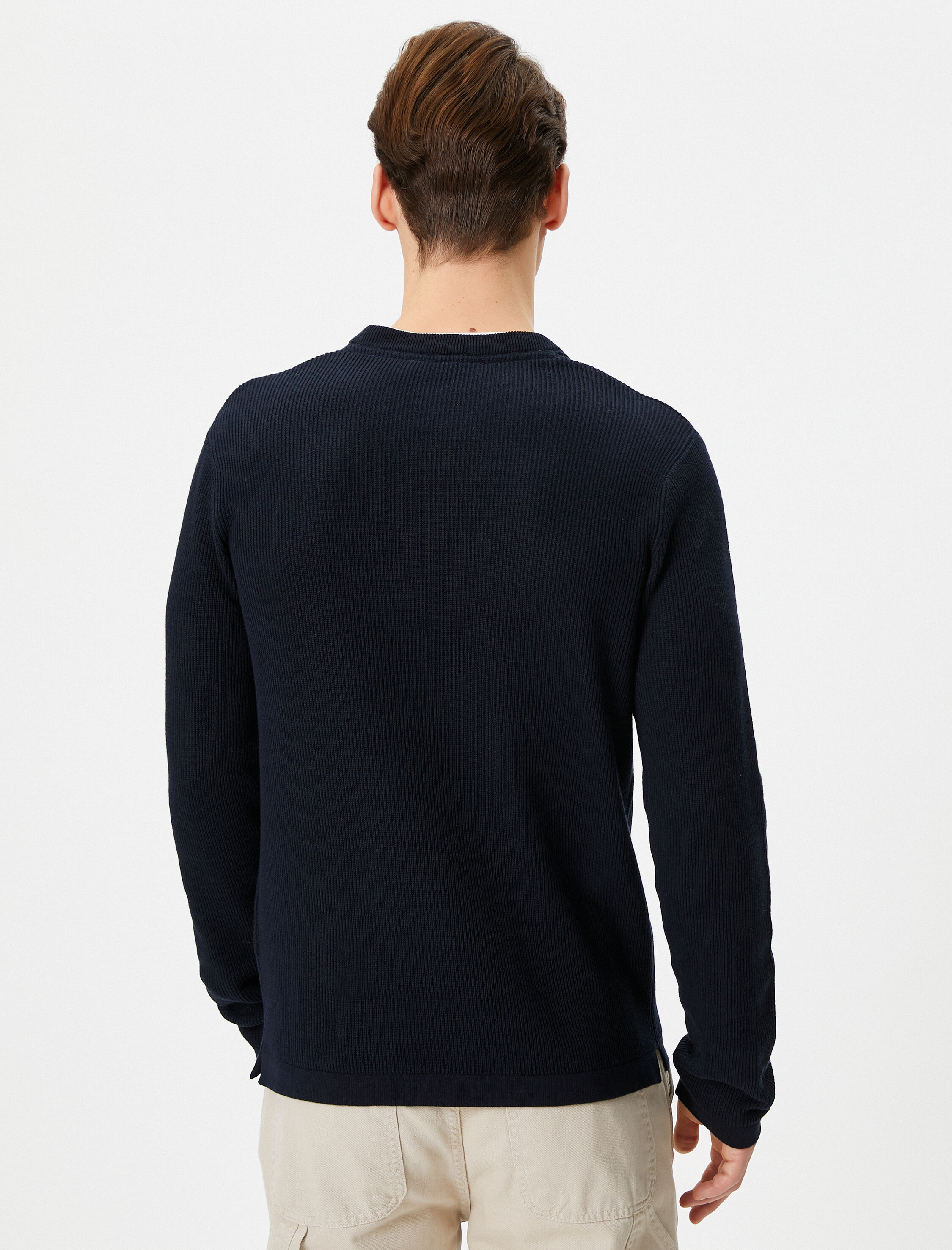   Basic Triko Kazak Bisiklet Yaka Kumaş Detaylı Pamuklu