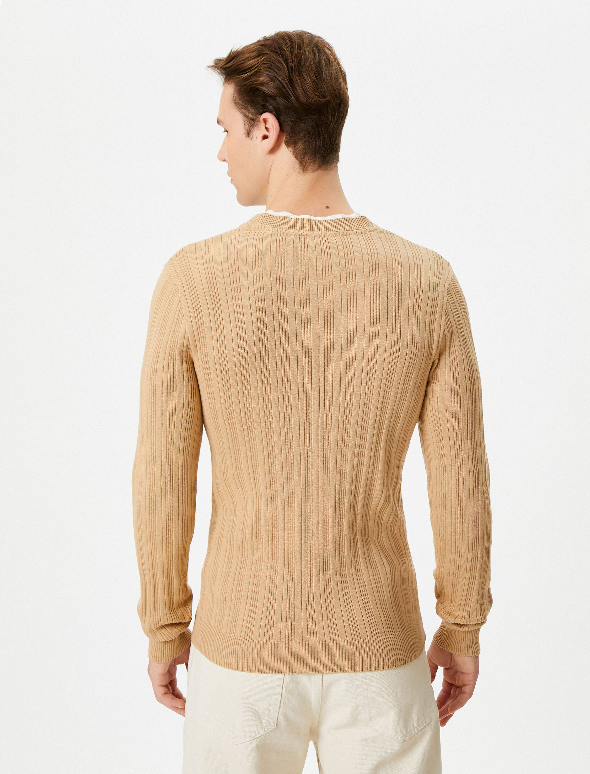   Slim Fit Kazak Triko Dokulu Yaka Detaylı Uzun Kollu