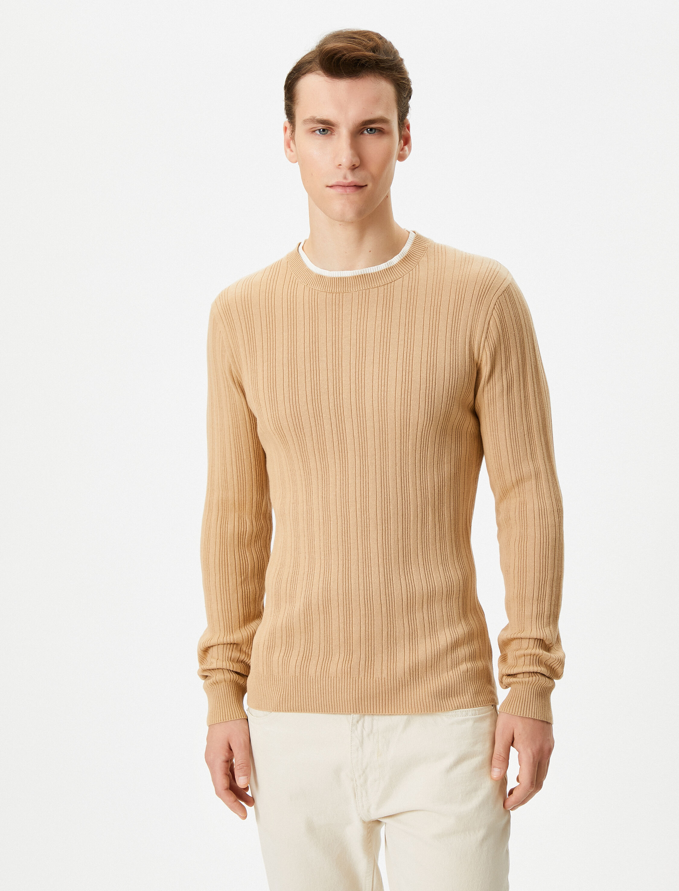   Slim Fit Kazak Triko Dokulu Yaka Detaylı Uzun Kollu