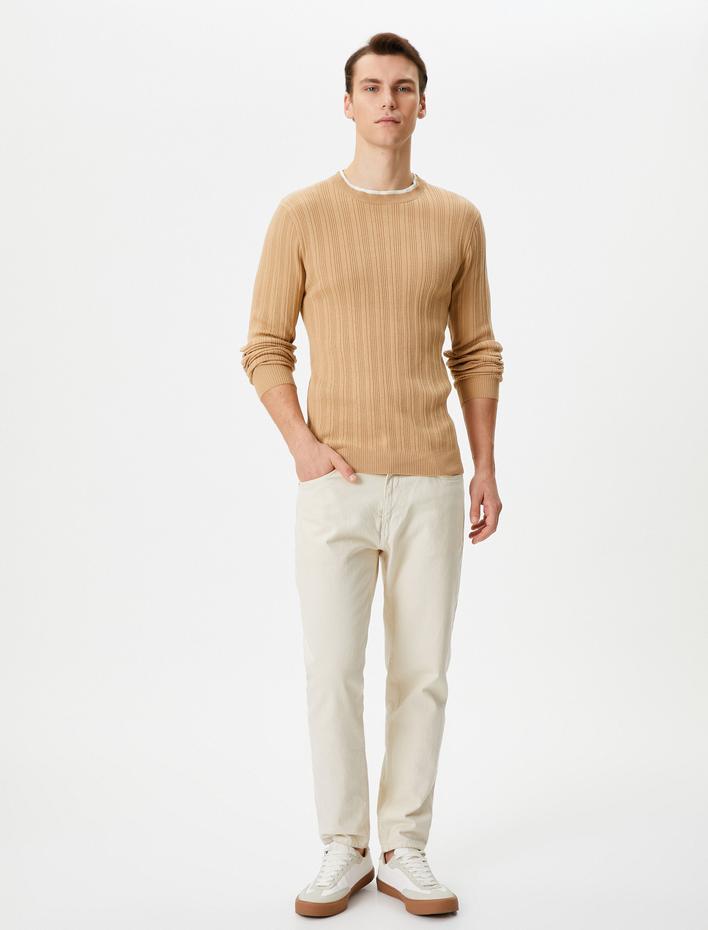  Slim Fit Kazak Triko Dokulu Yaka Detaylı Uzun Kollu