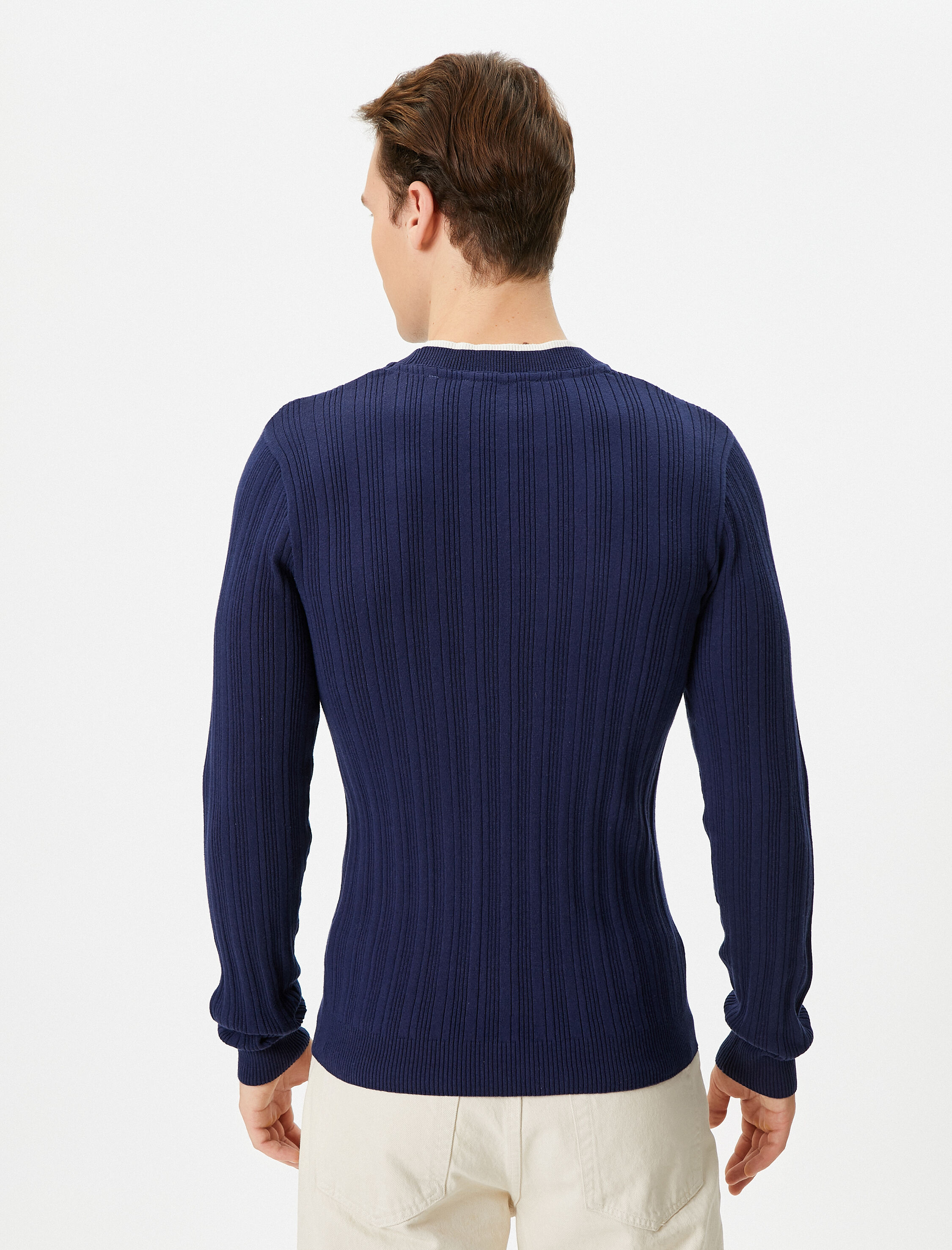   Slim Fit Kazak Triko Dokulu Yaka Detaylı Uzun Kollu