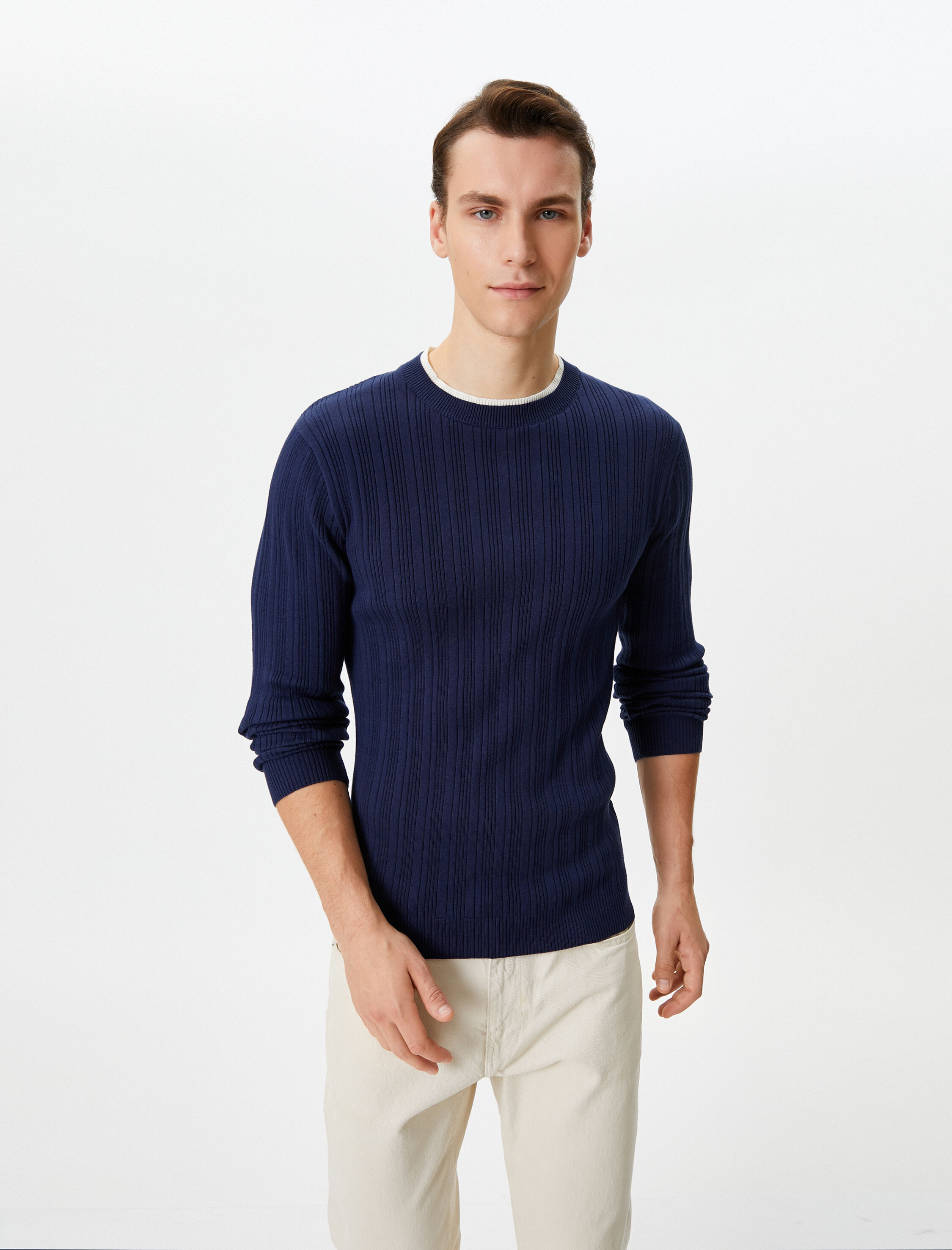   Slim Fit Kazak Triko Dokulu Yaka Detaylı Uzun Kollu