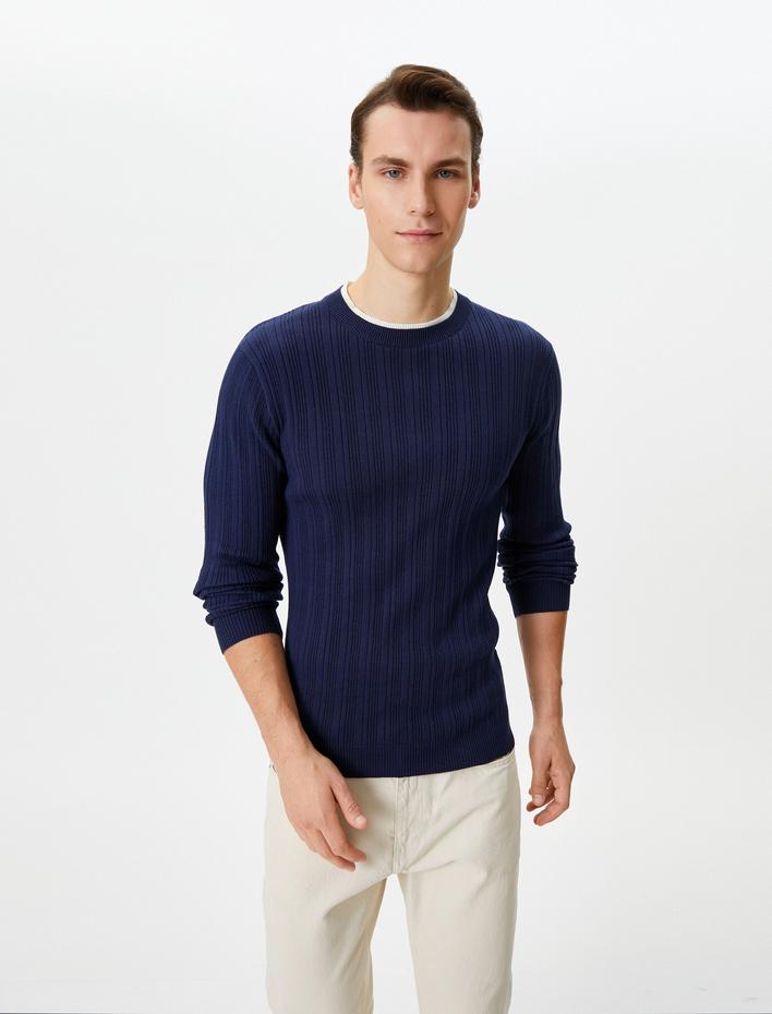  Slim Fit Kazak Triko Dokulu Yaka Detaylı Uzun Kollu