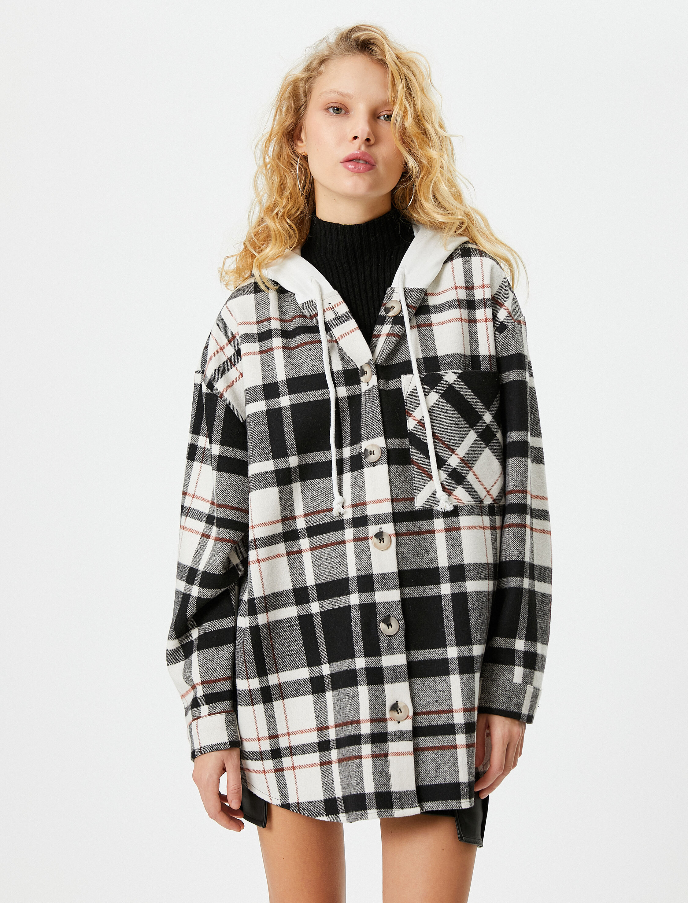 Kapüşonlu Ekoseli Oduncu Gömlek Ceket Cep Detaylı Yumuşak Dokulu