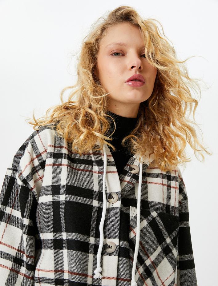  Kapüşonlu Ekoseli Oduncu Gömlek Ceket Cep Detaylı Yumuşak Dokulu