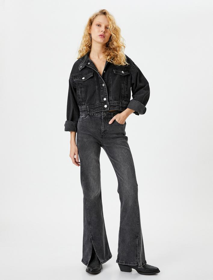  Dar Kesim İspanyol Paça Kot Pantolon Paçaları Yırtmaç Detaylı Yüksek Bel Pamuklu Cepli - Flare Jean