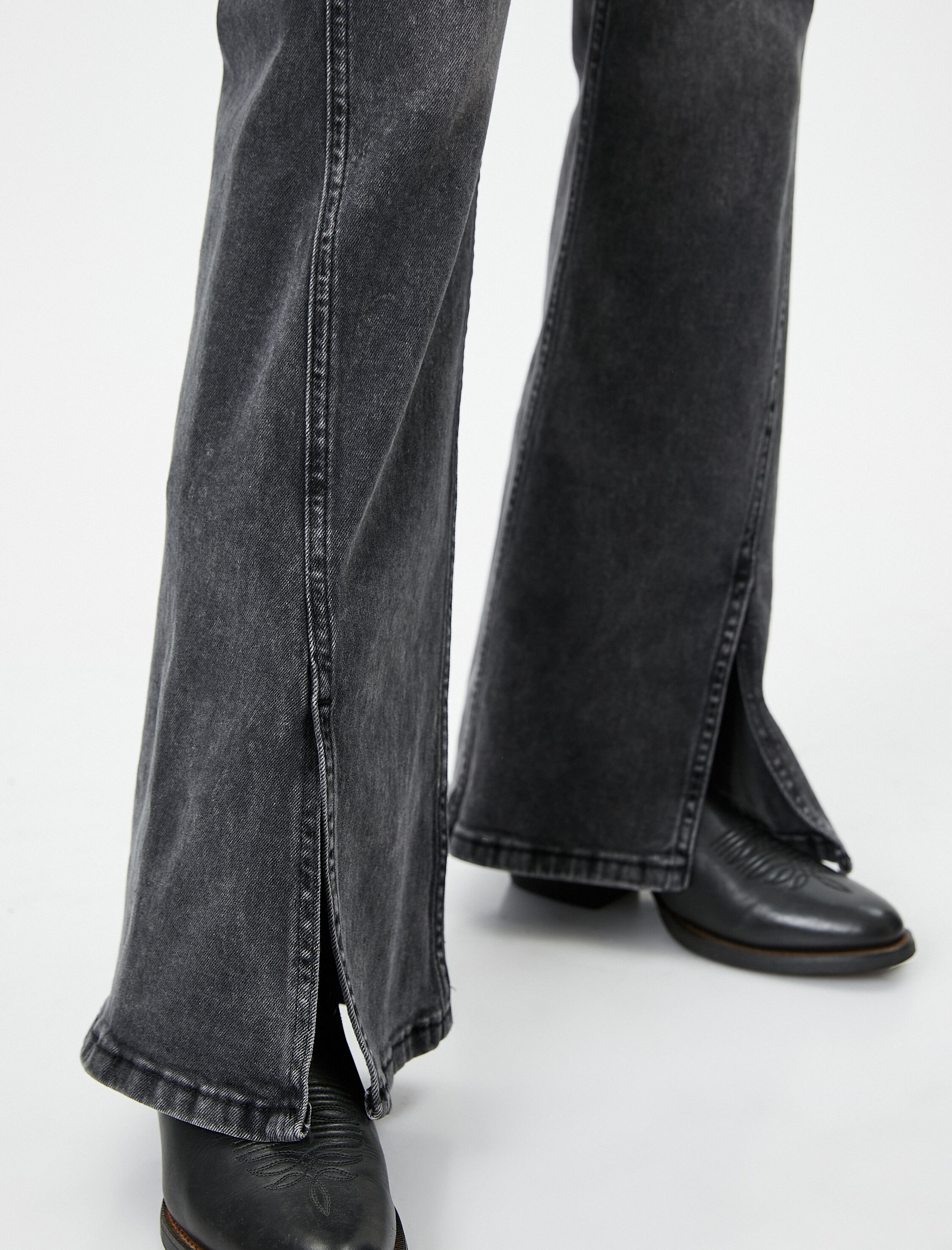   Dar Kesim İspanyol Paça Kot Pantolon Paçaları Yırtmaç Detaylı Yüksek Bel Pamuklu Cepli - Flare Jean