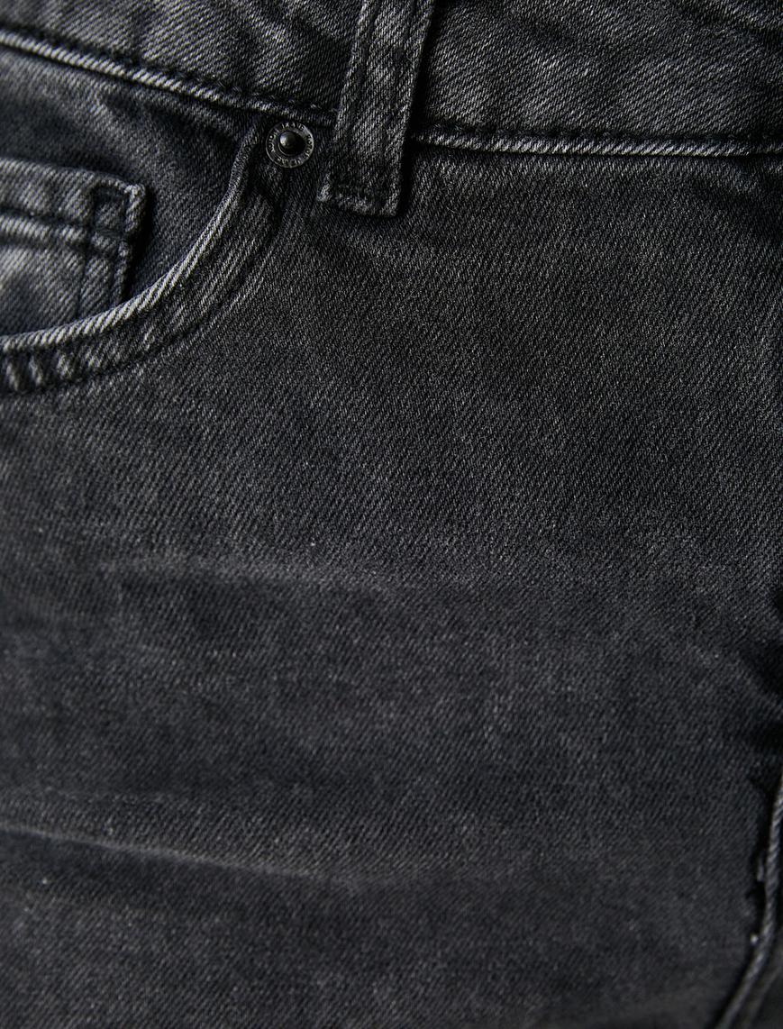   Dar Kesim İspanyol Paça Kot Pantolon Paçaları Yırtmaç Detaylı Yüksek Bel Pamuklu Cepli - Flare Jean