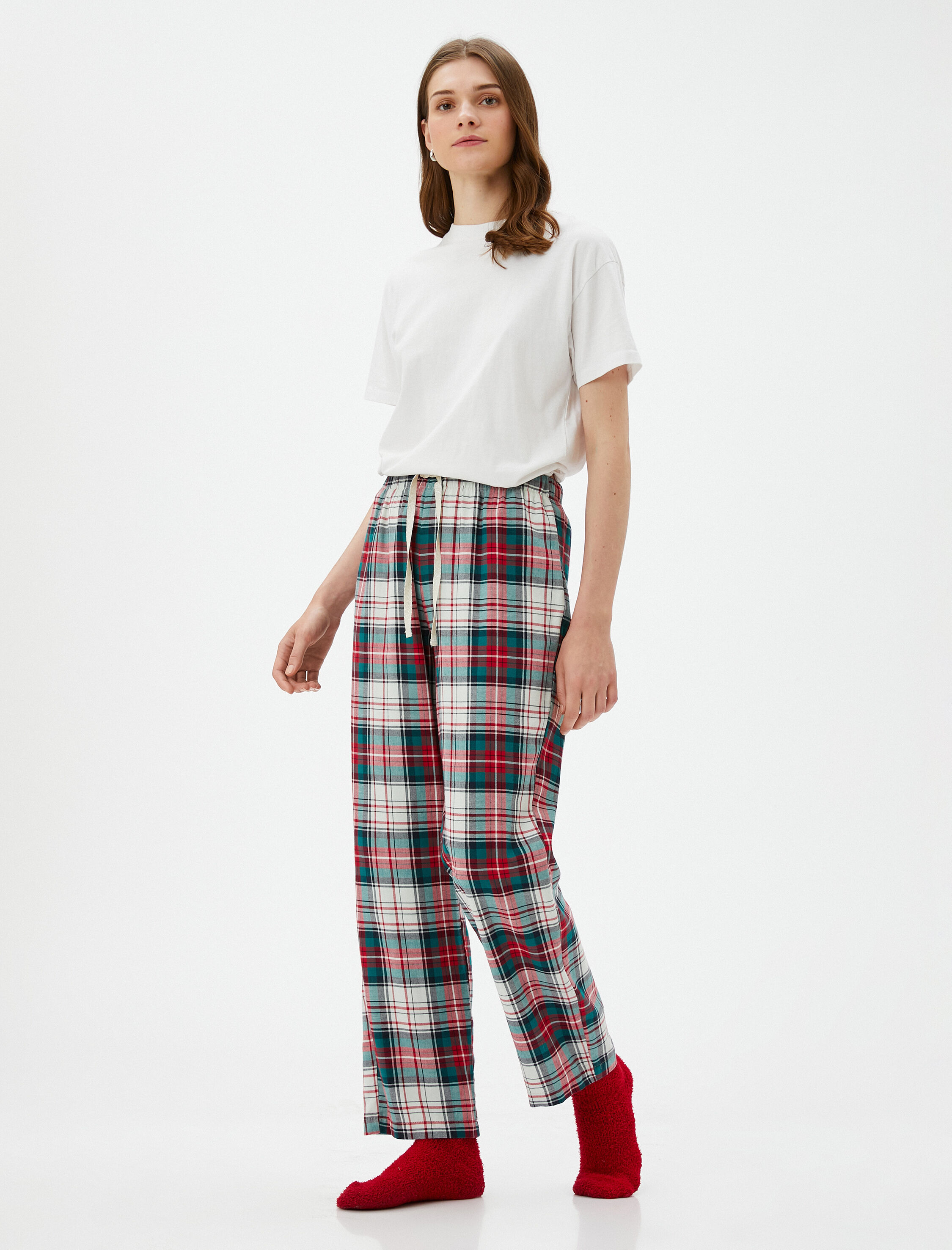   Kareli Pijama Altı Beli Bağcıklı Yılbaşı Temalı Pamuklu