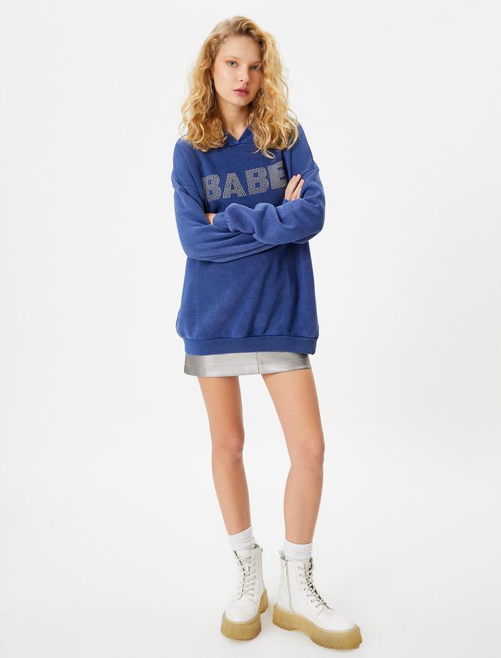  Şardonlu Uzun Kapşonlu Sweatshirt İşlemeli Şarbonlu Pamuklu Rahat Kalıp