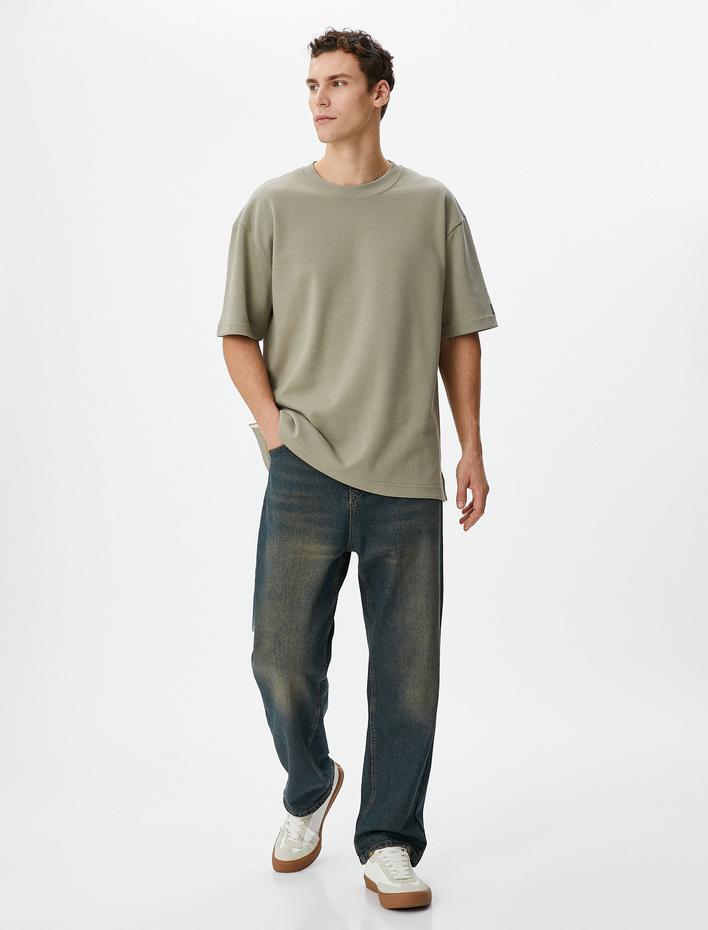  Oversize Tişört Etiket Baskılı Bisiklet Yaka Kısa Kollu