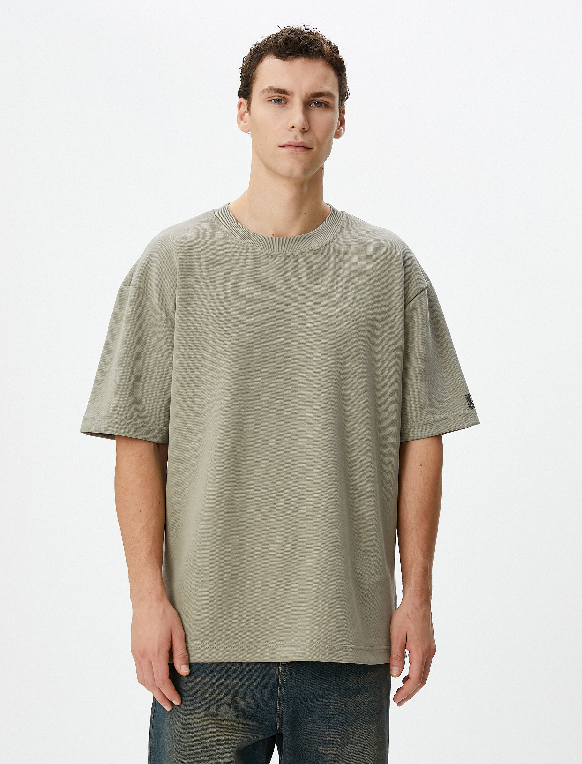   Oversize Tişört Etiket Baskılı Bisiklet Yaka Kısa Kollu