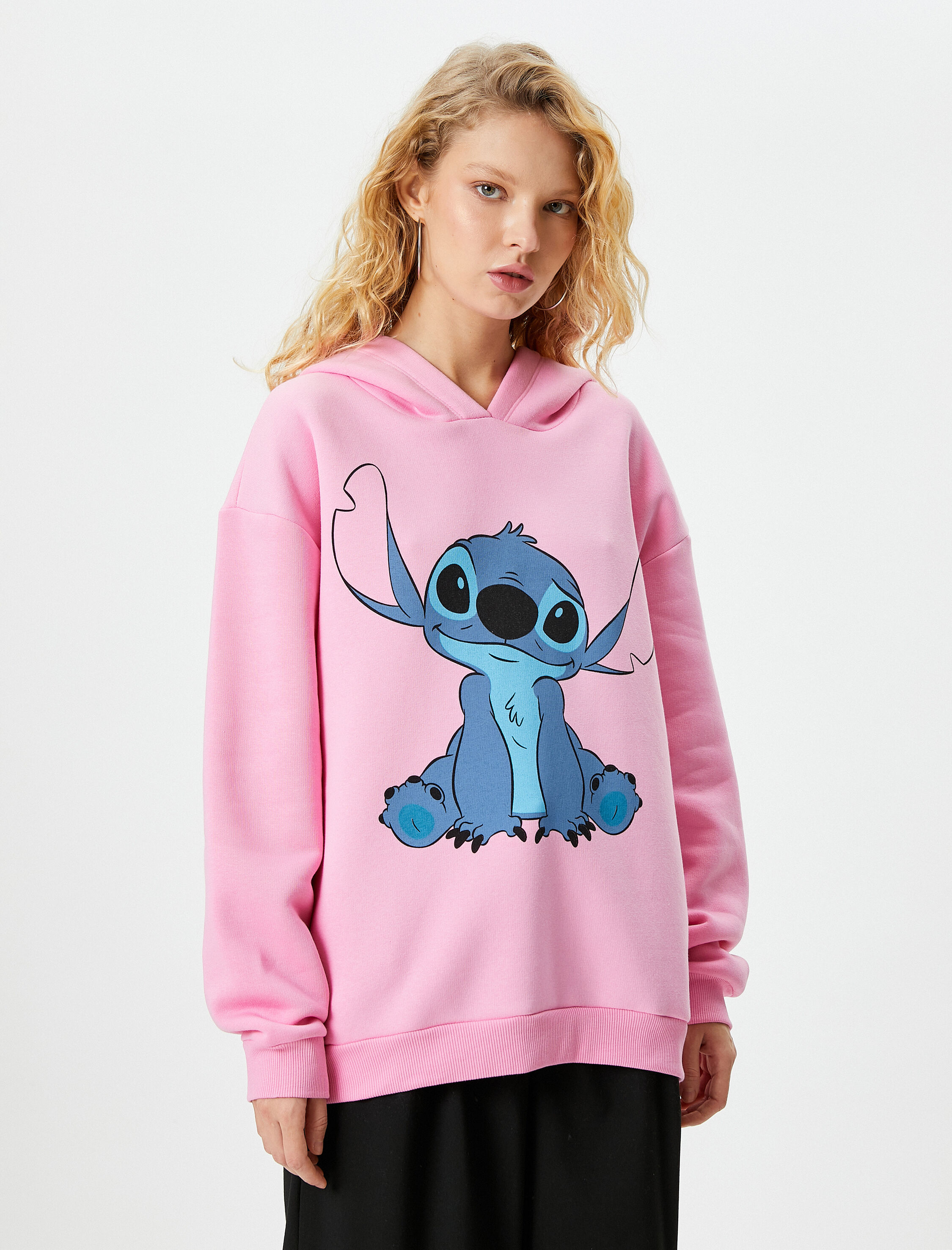   Şardonlu Stitch Kapşonlu Sweatshirt Lisanslı Uzun Kollu Rahat Kalıp