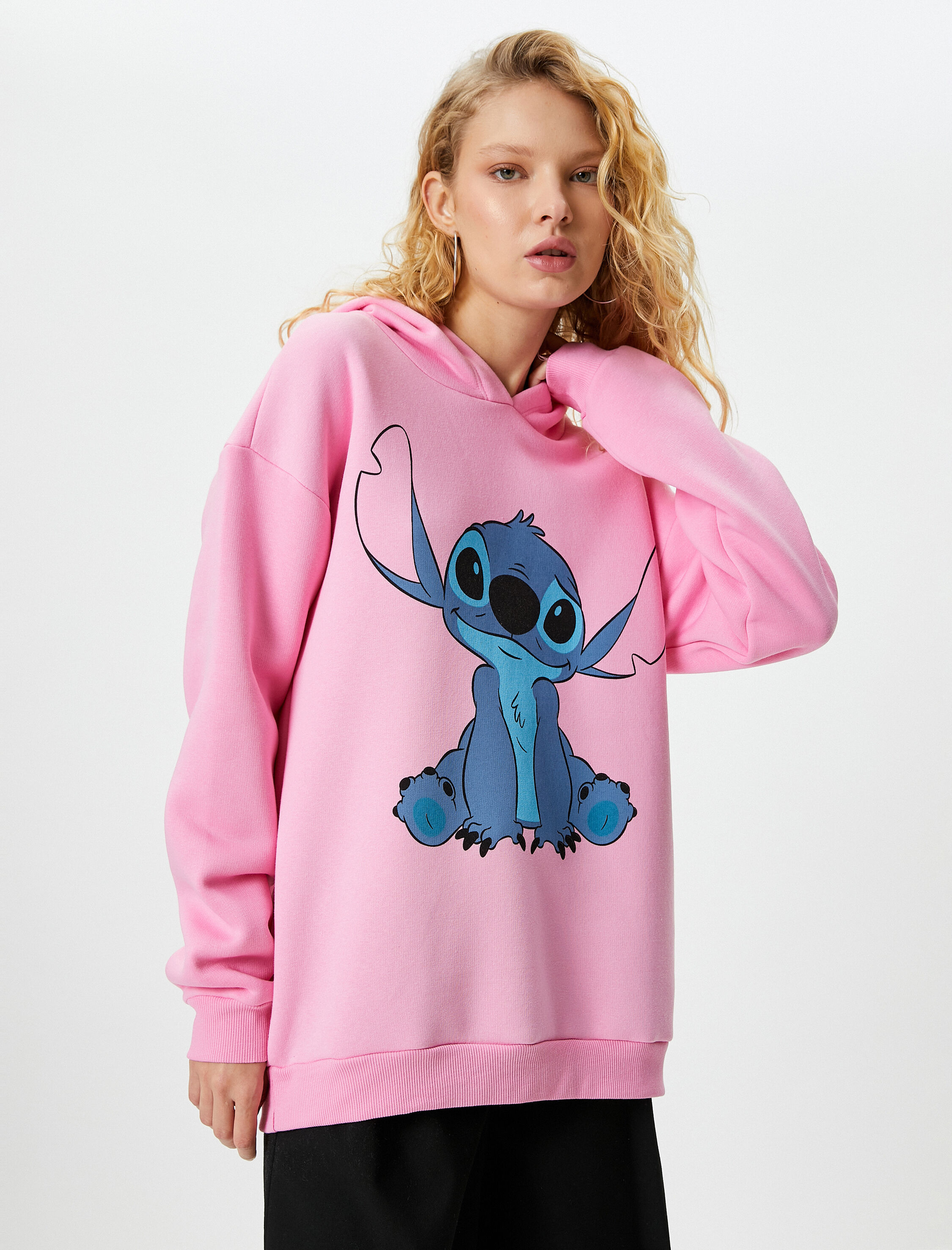   Şardonlu Stitch Kapşonlu Sweatshirt Lisanslı Uzun Kollu Rahat Kalıp
