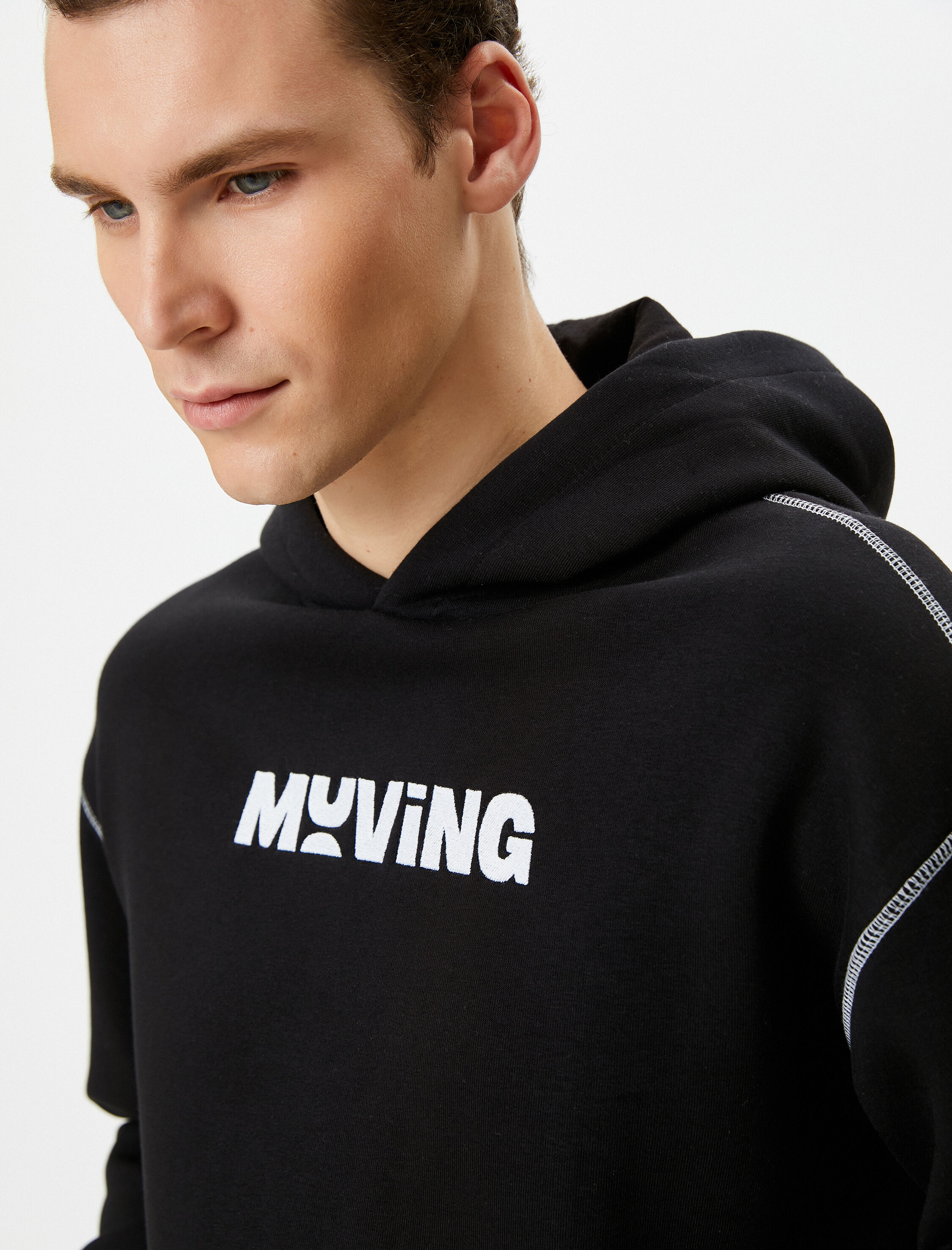   Oversize Hoodie Slogan Baskılı Kanguru Cepli Dikiş Detaylı Şardonlu