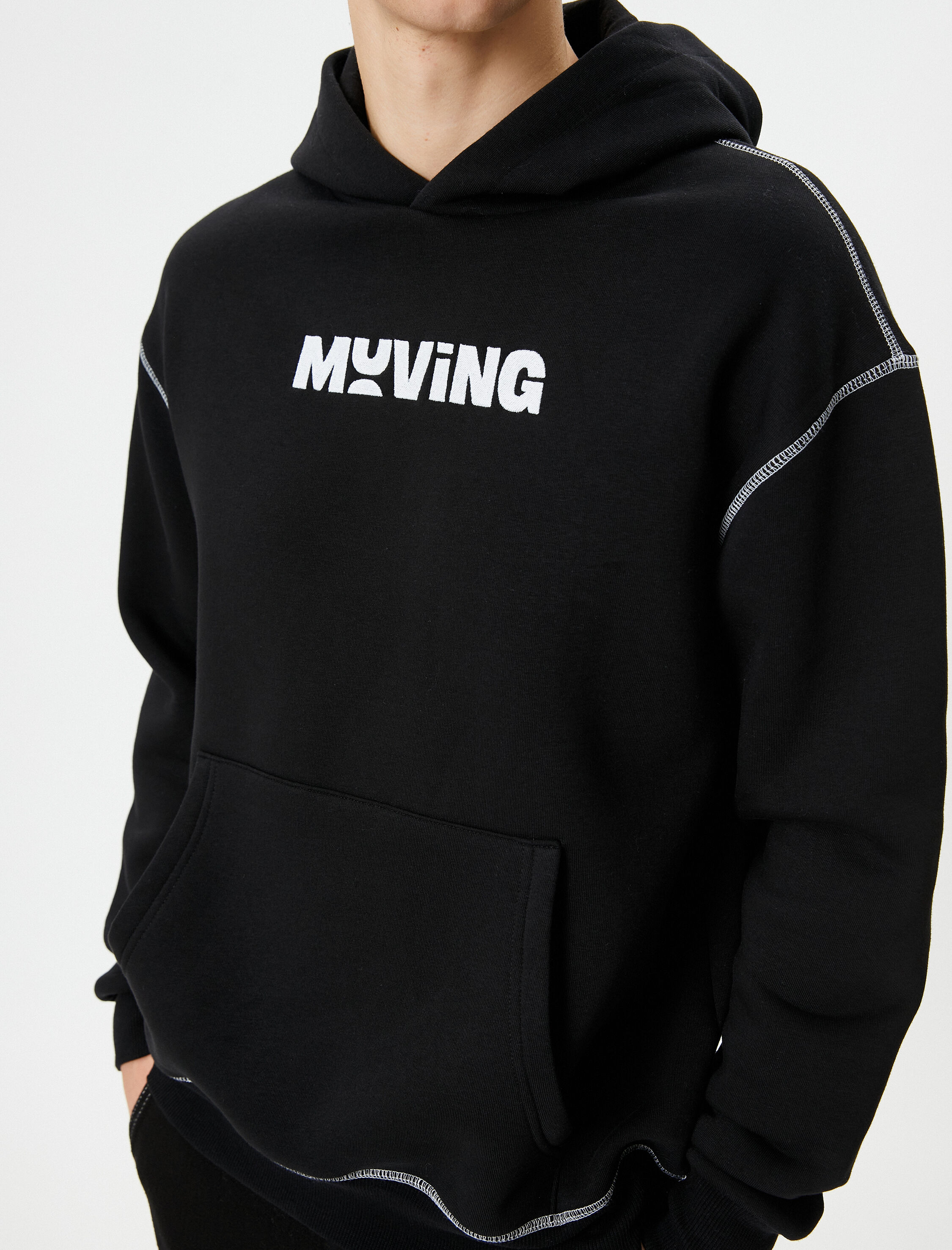   Oversize Hoodie Slogan Baskılı Kanguru Cepli Dikiş Detaylı Şardonlu