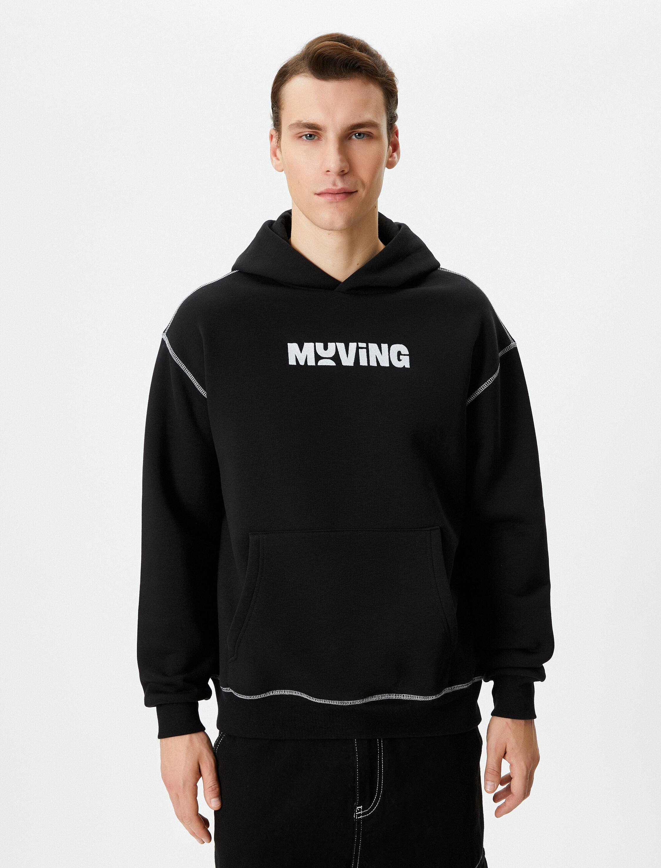   Oversize Hoodie Slogan Baskılı Kanguru Cepli Dikiş Detaylı Şardonlu