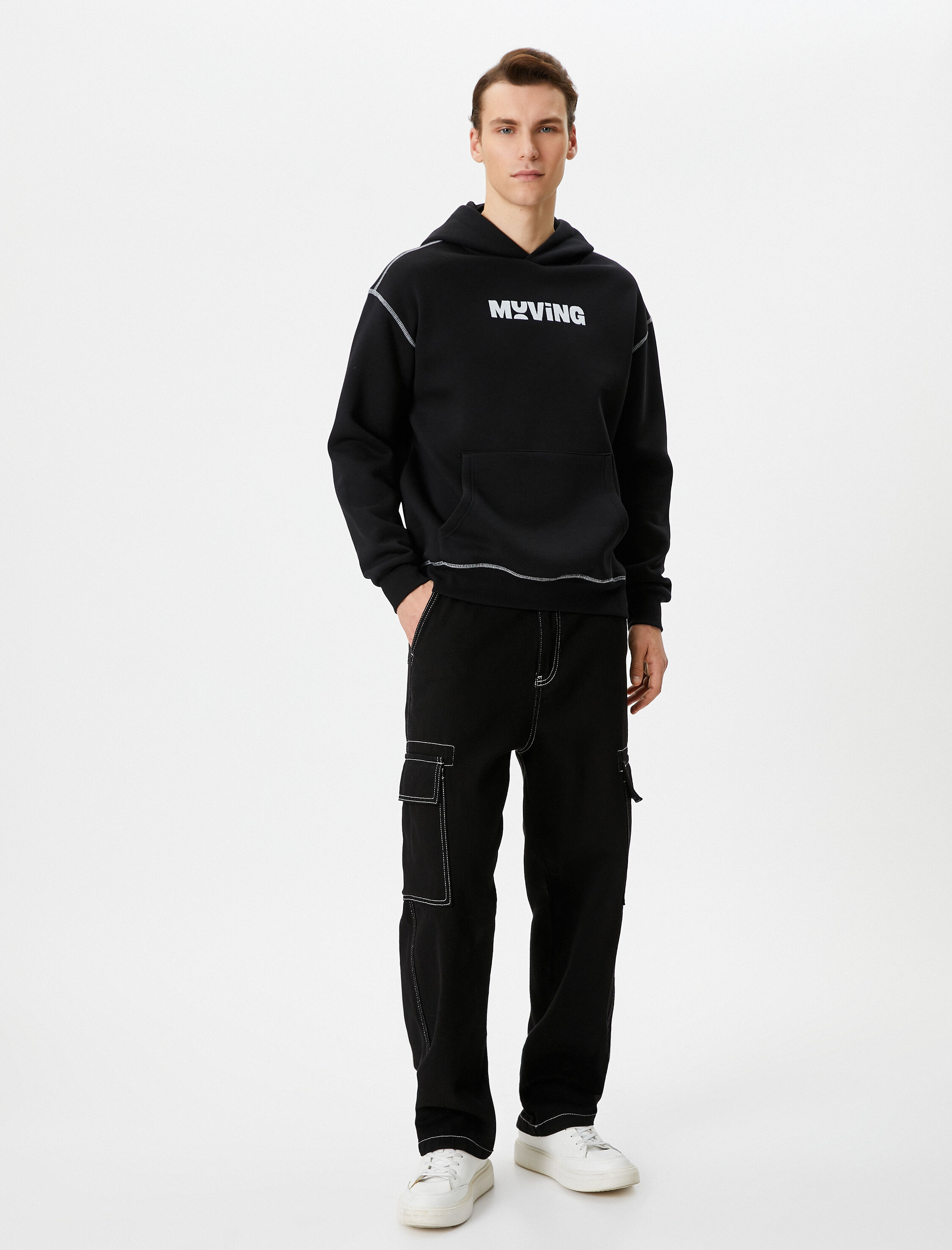   Oversize Hoodie Slogan Baskılı Kanguru Cepli Dikiş Detaylı Şardonlu