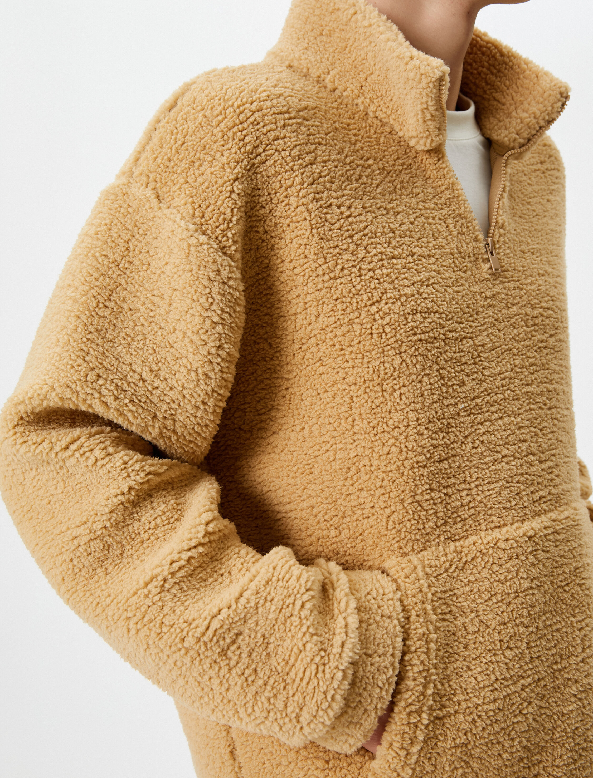   Peluş Sweatshirt Yarım Fermuarlı Dik Yaka Cepli