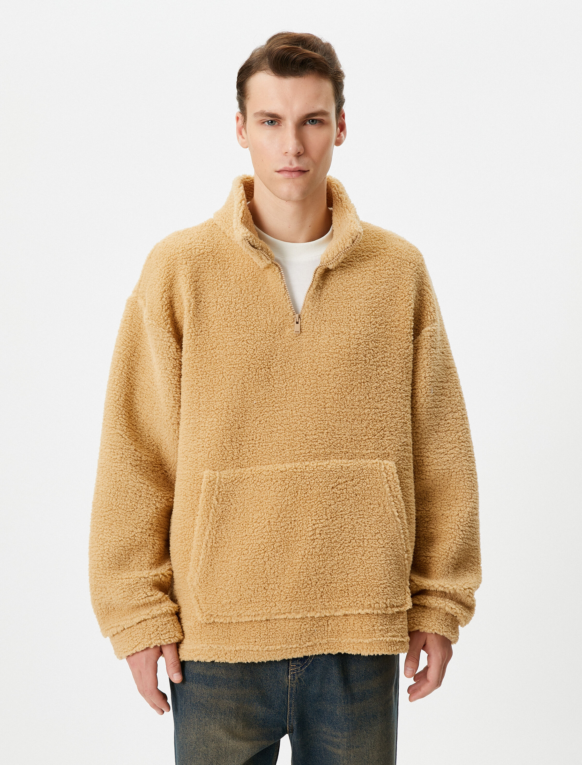   Peluş Sweatshirt Yarım Fermuarlı Dik Yaka Cepli