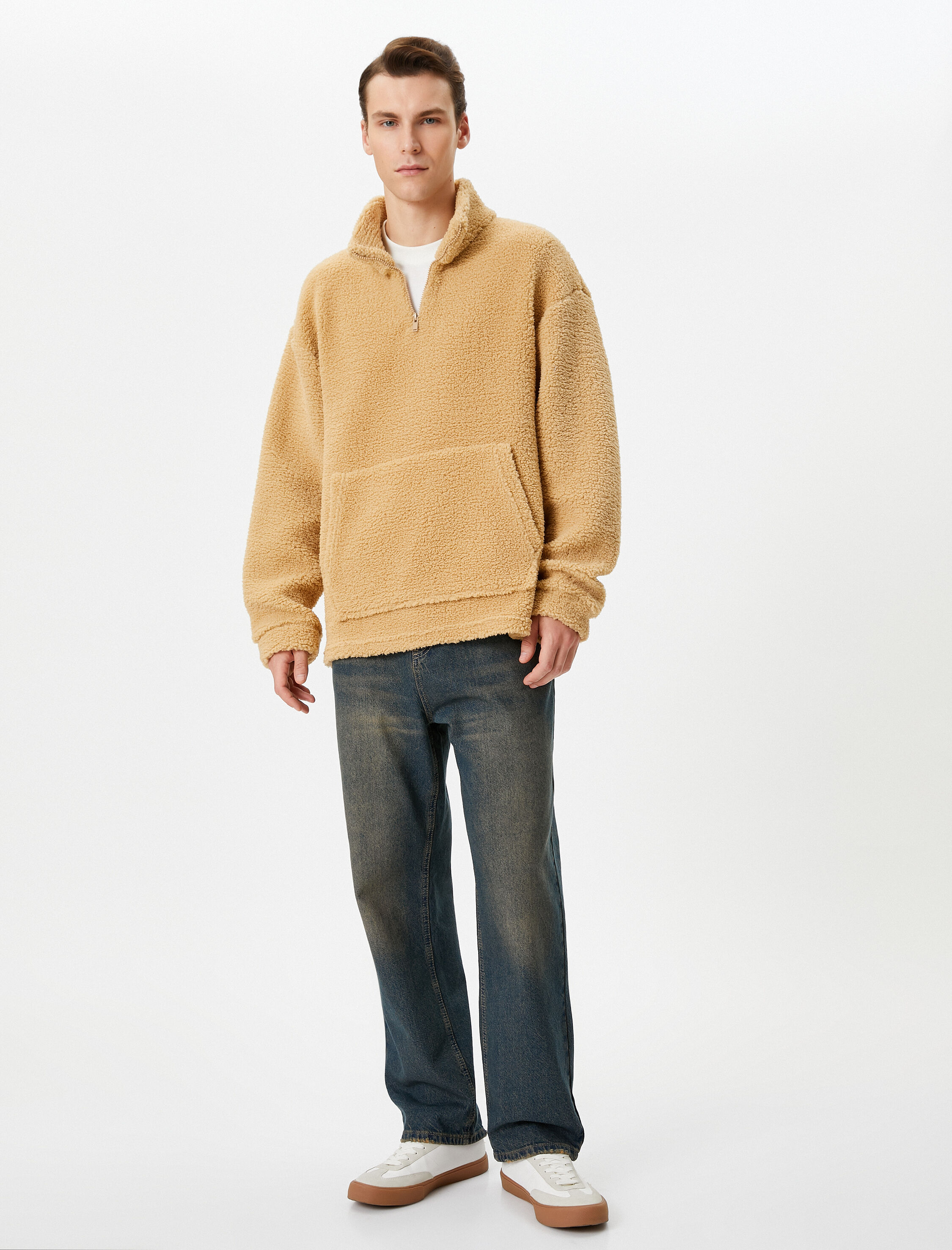   Peluş Sweatshirt Yarım Fermuarlı Dik Yaka Cepli