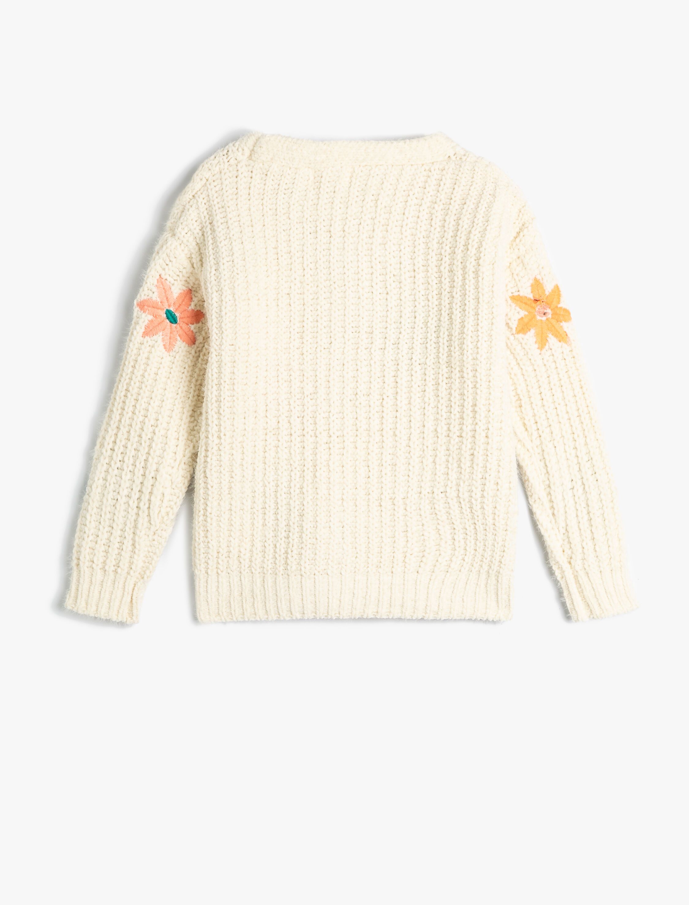  Kız Çocuk V Yaka Örgü Hırka Çiçek İşlemeli Düğmeli