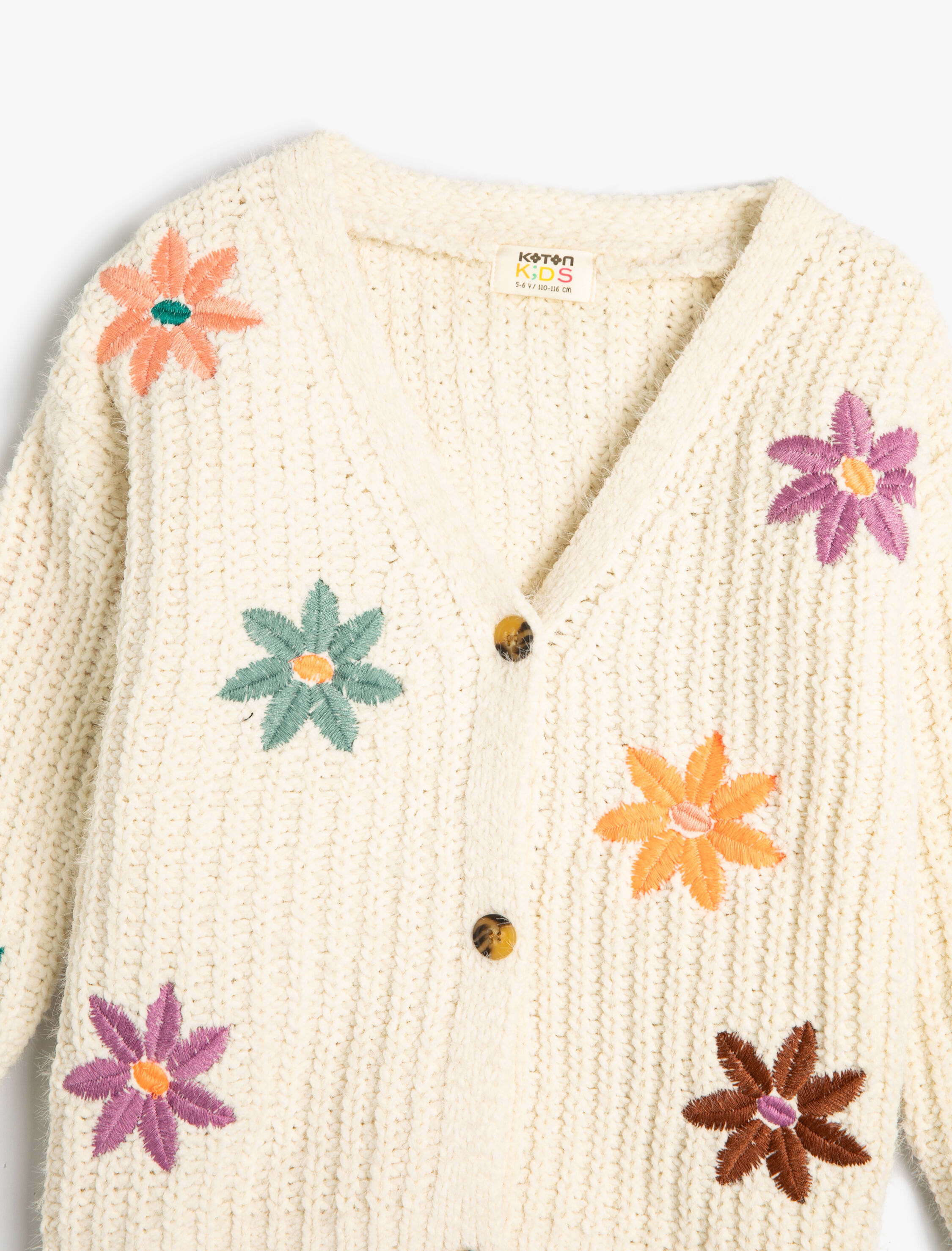  Kız Çocuk V Yaka Örgü Hırka Çiçek İşlemeli Düğmeli