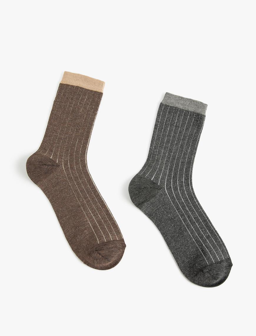  Kadın Çizgili 2'li Soket Çorap Seti Çok Renkli