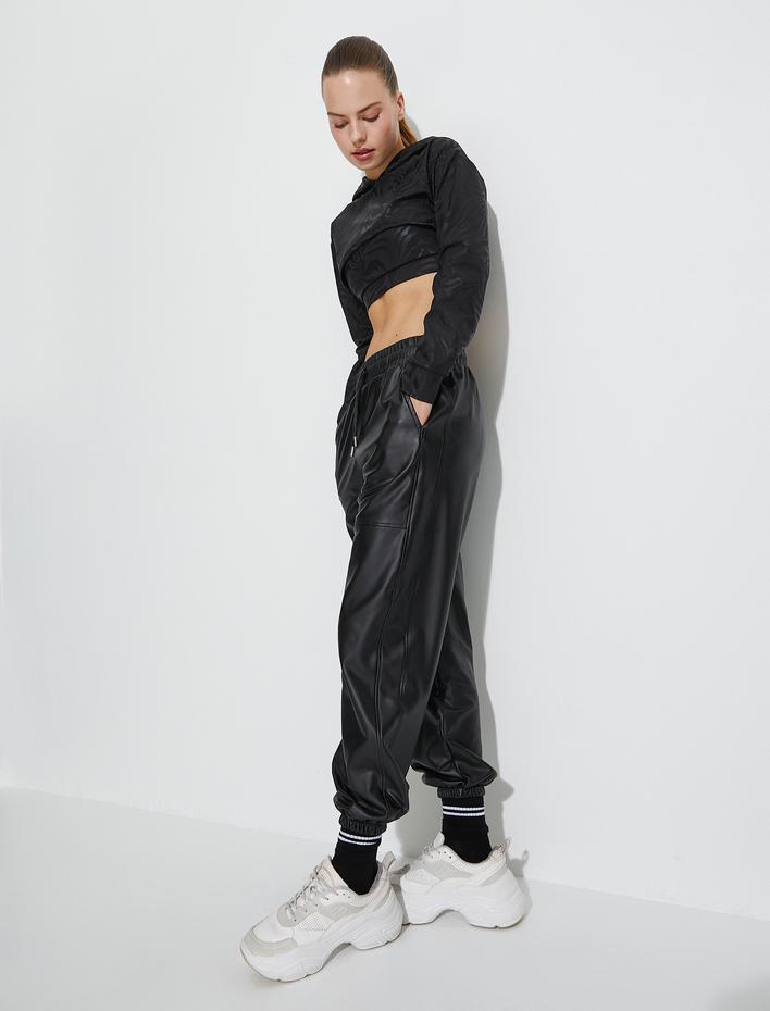  Jogger Eşofman Altı Suni Deri Beli Bağcıklı Cepli