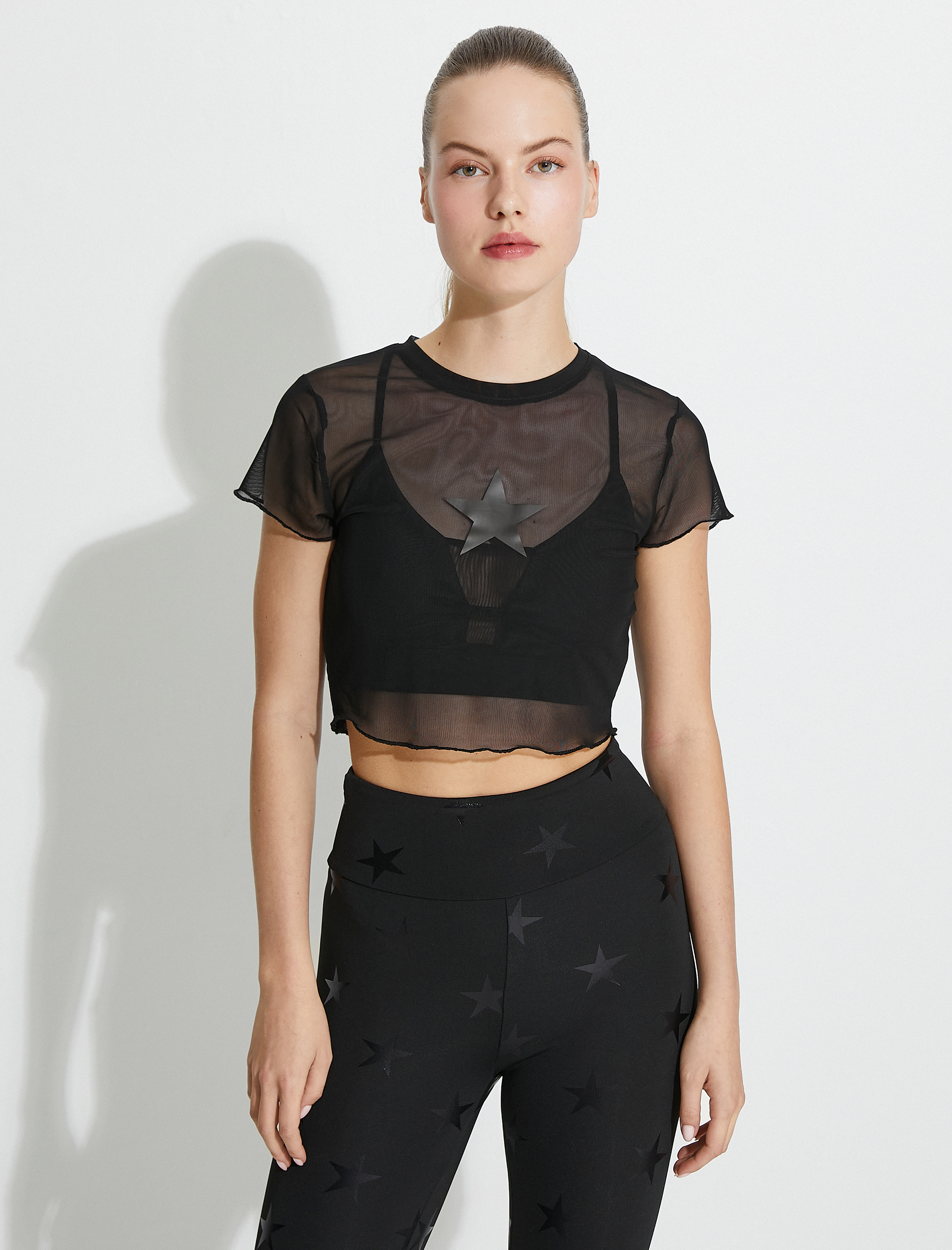   Spor Crop Tişört Yıldız Baskılı Tül