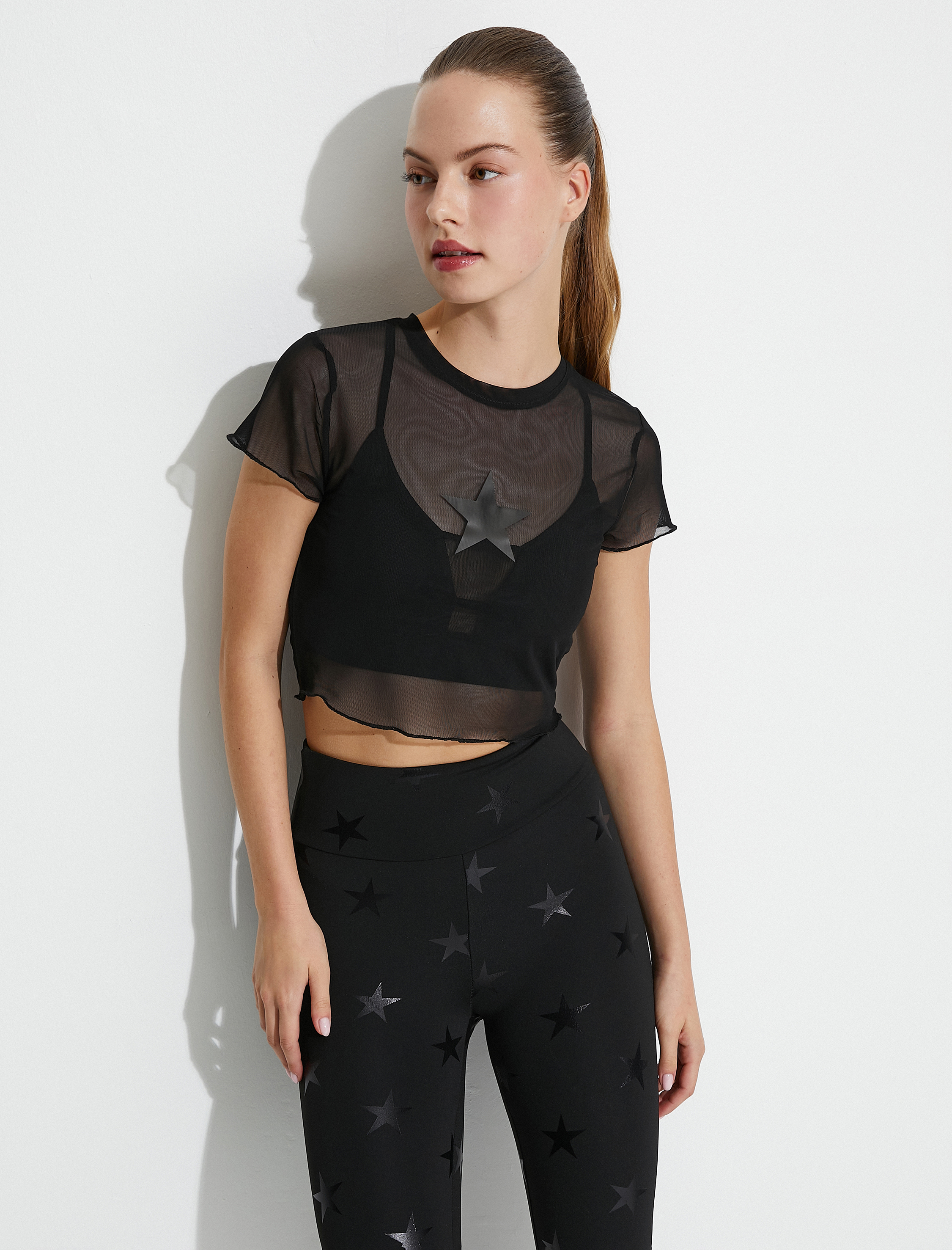   Spor Crop Tişört Yıldız Baskılı Tül