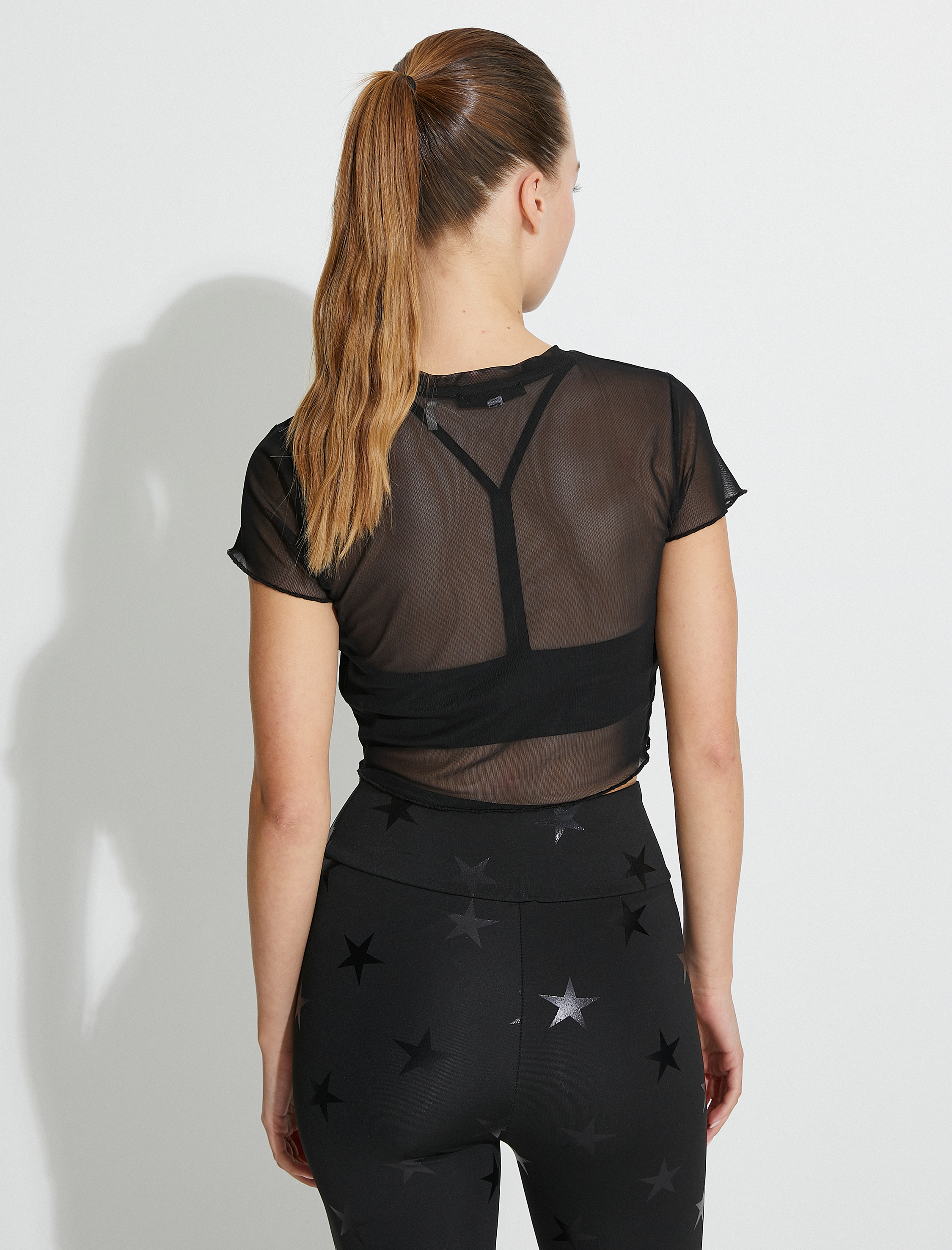   Spor Crop Tişört Yıldız Baskılı Tül