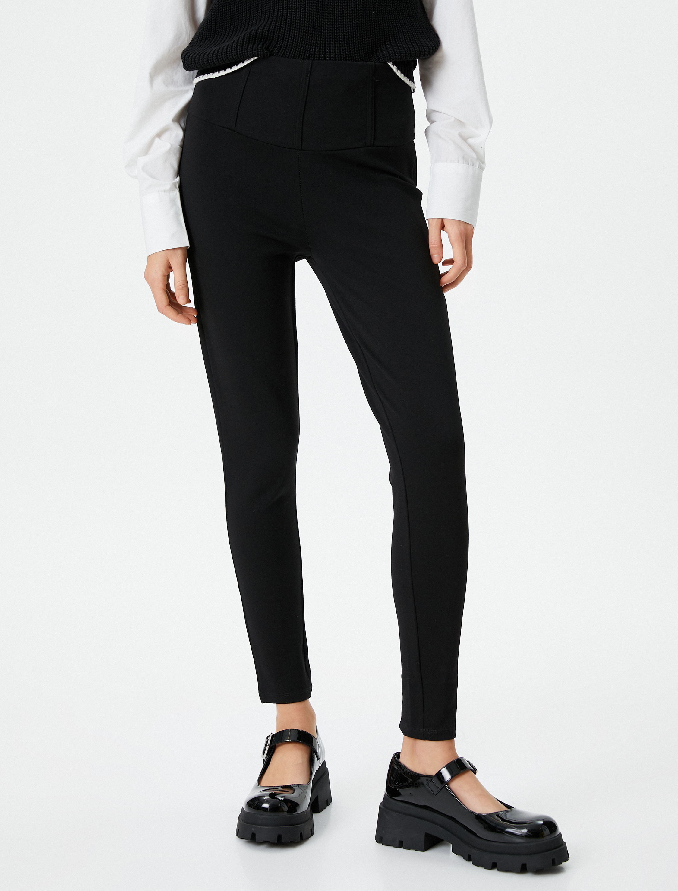   Tayt Pantolon Yüksek Bel Dikiş Detaylı Viskon Kumaş Karışımlı