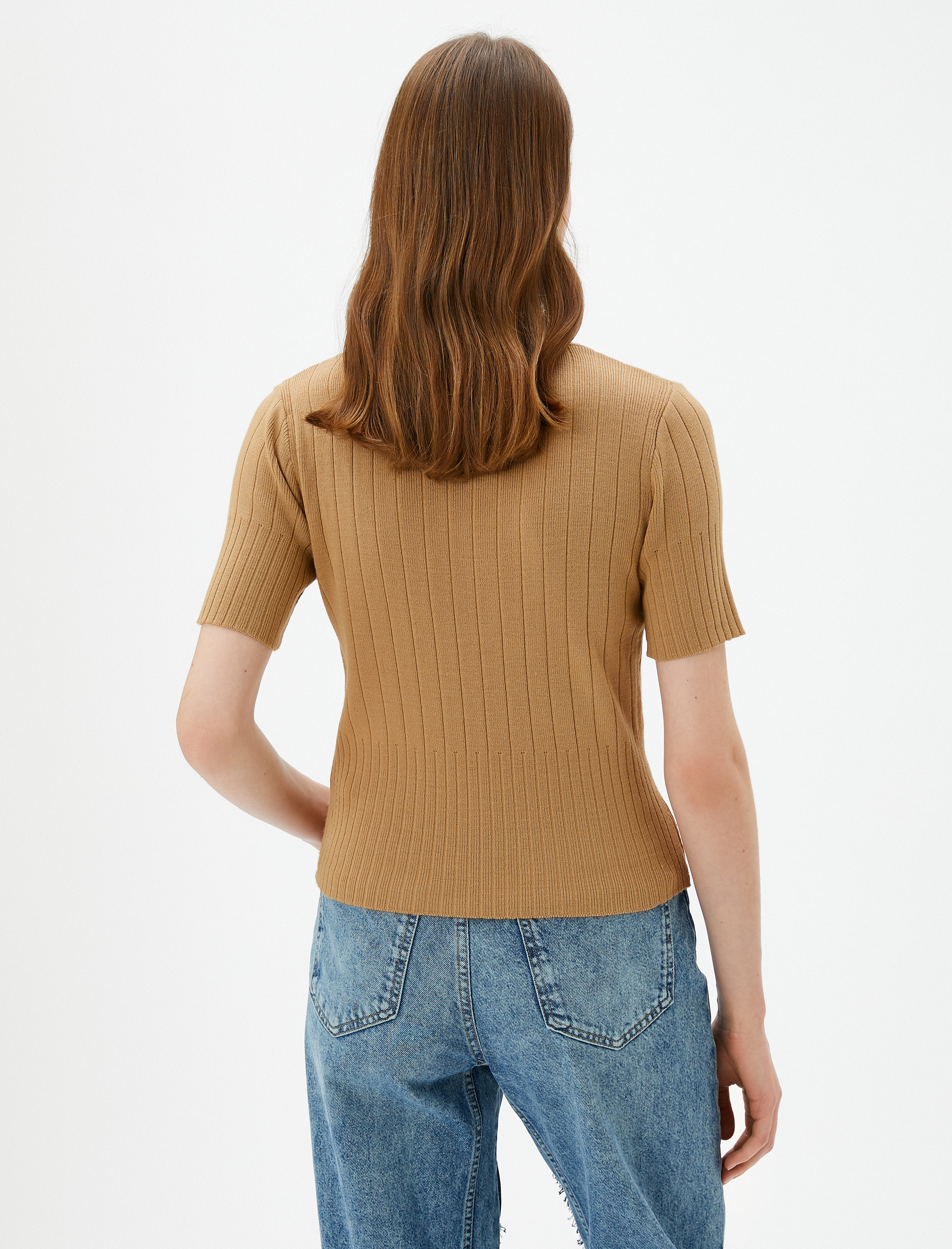   Yarım Balıkçı Yaka Kazak Triko Ribanalı Kısa Kollu