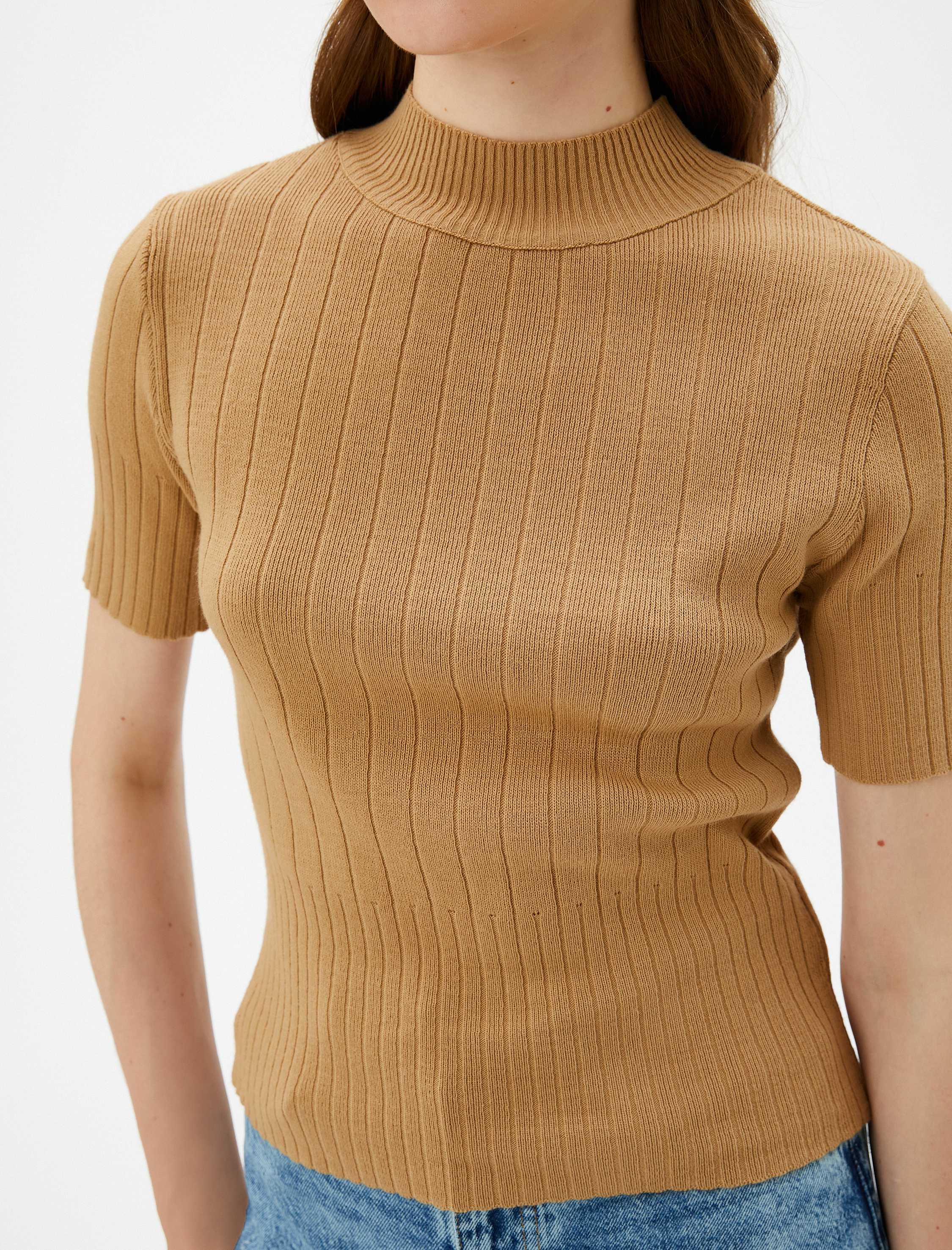   Yarım Balıkçı Yaka Kazak Triko Ribanalı Kısa Kollu