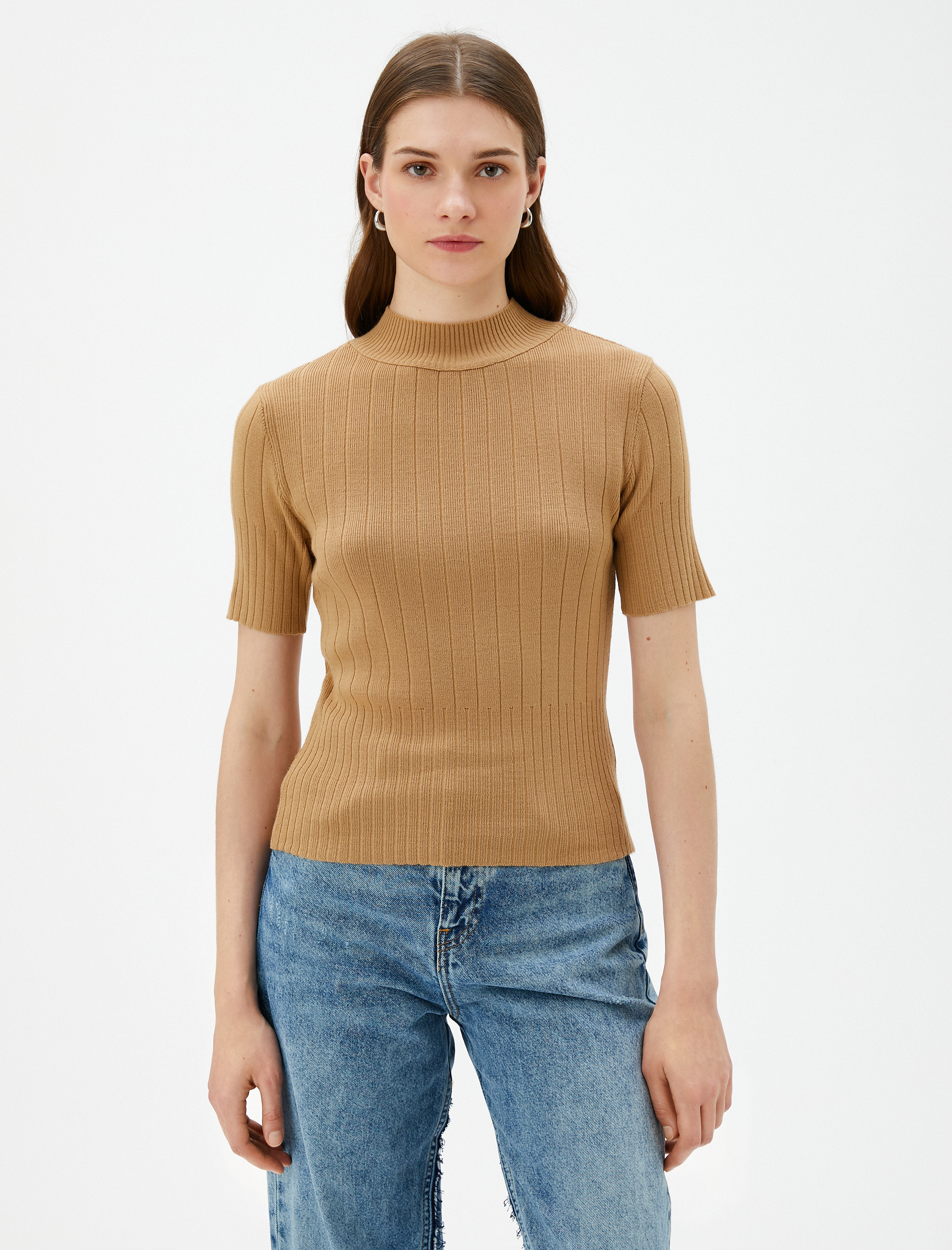   Yarım Balıkçı Yaka Kazak Triko Ribanalı Kısa Kollu