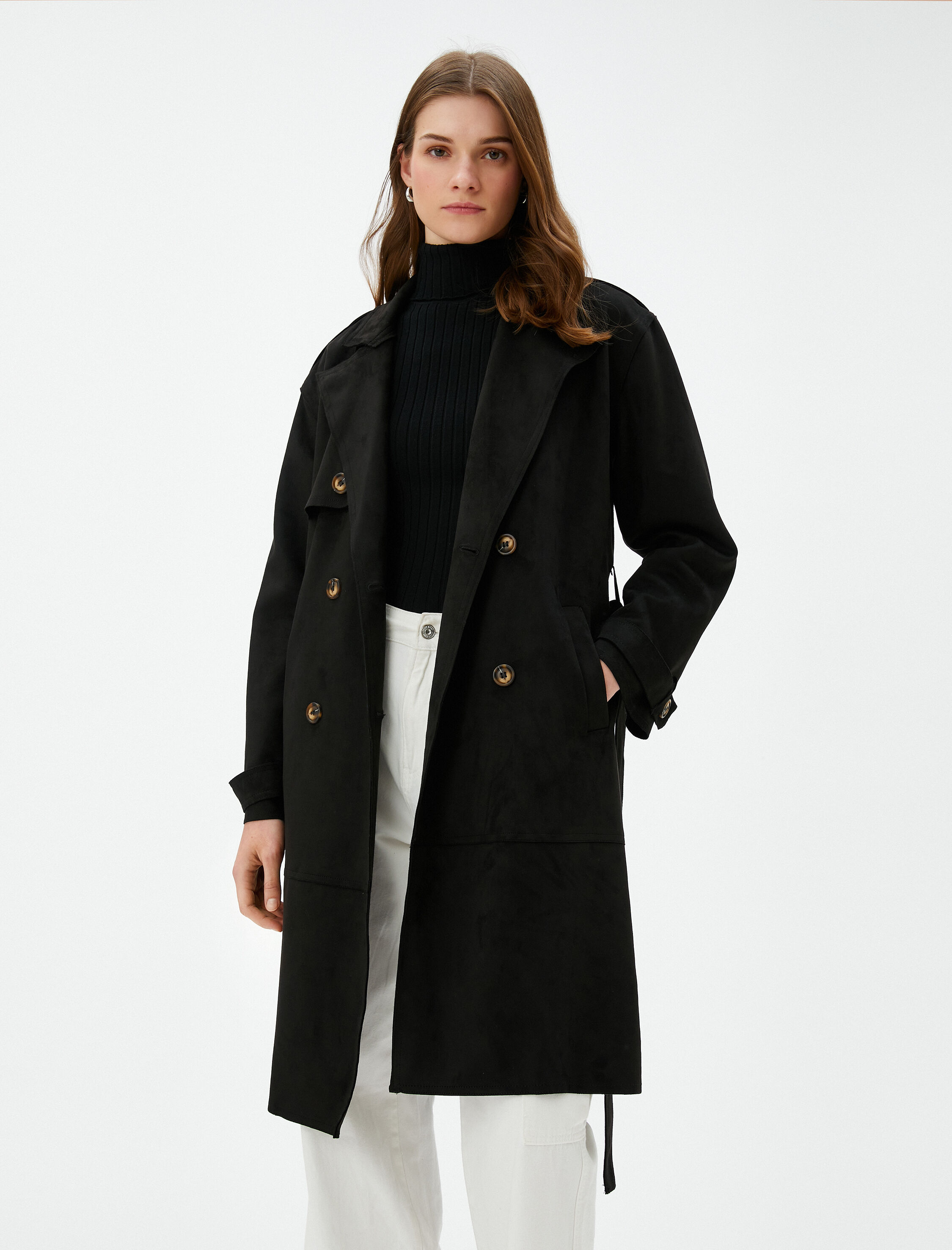   Trençkot Kruvaze Düğmeli Beli Kuşaklı Cepli