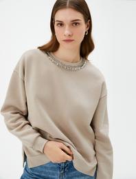 Bisiklet Yaka Sweatshirt Parlak Taşlı Ribanalı - El Emeği Koleksiyonu
