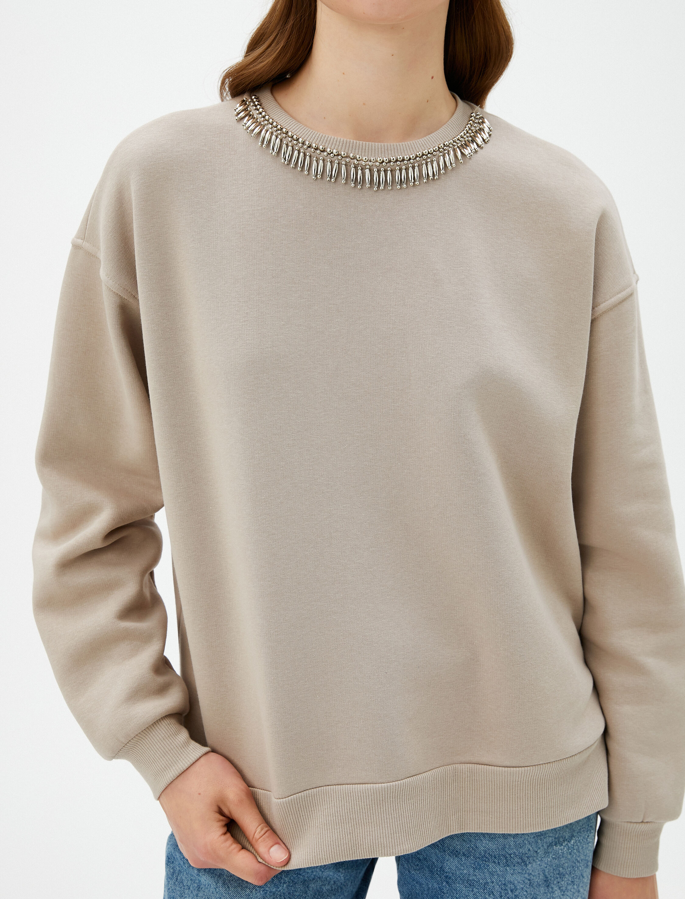   Bisiklet Yaka Sweatshirt Parlak Taşlı Ribanalı - El Emeği Koleksiyonu