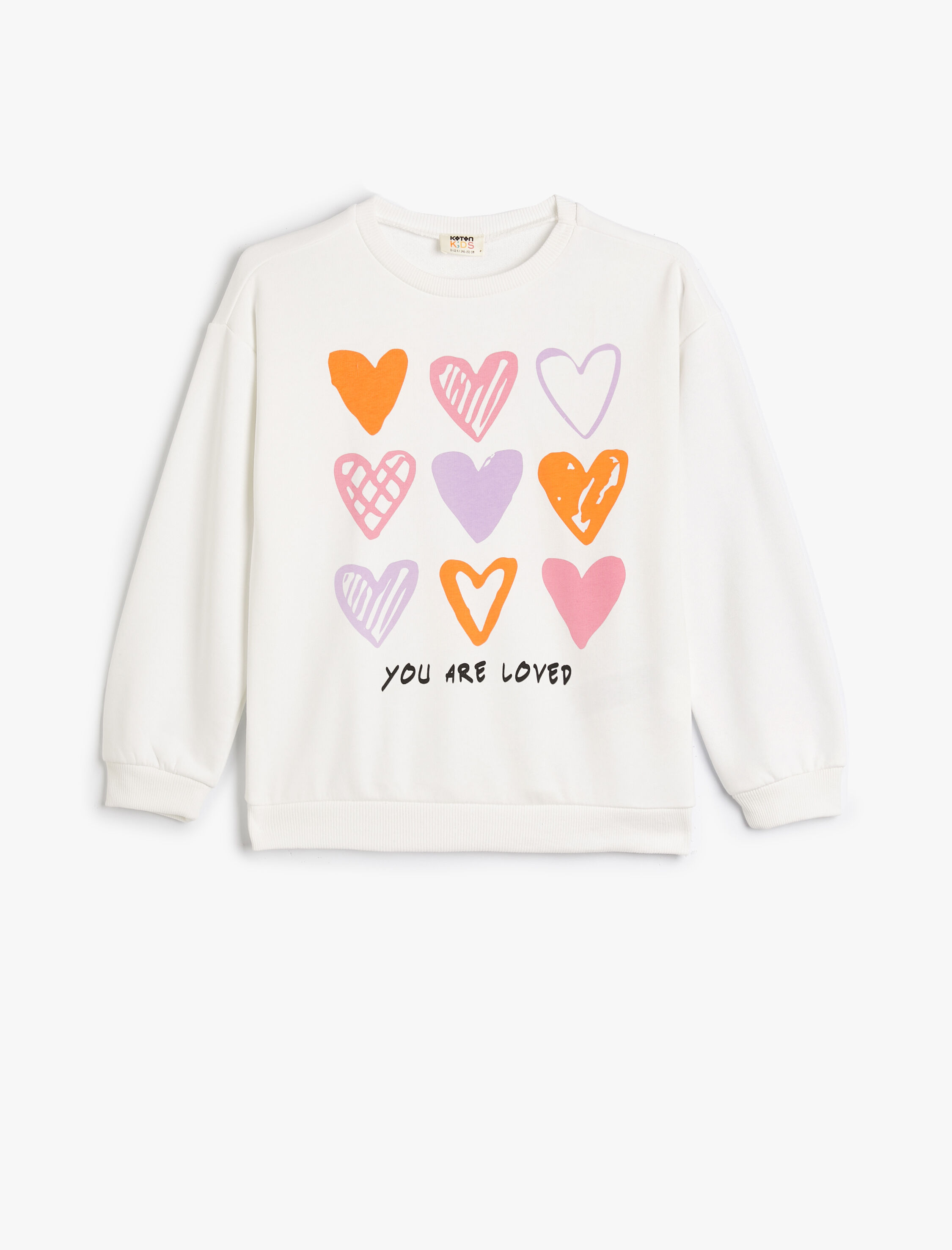  Kız Çocuk Sweatshirt Uzun Kollu Bisiklet Yaka Kalp Baskı Detaylı Pamuklu