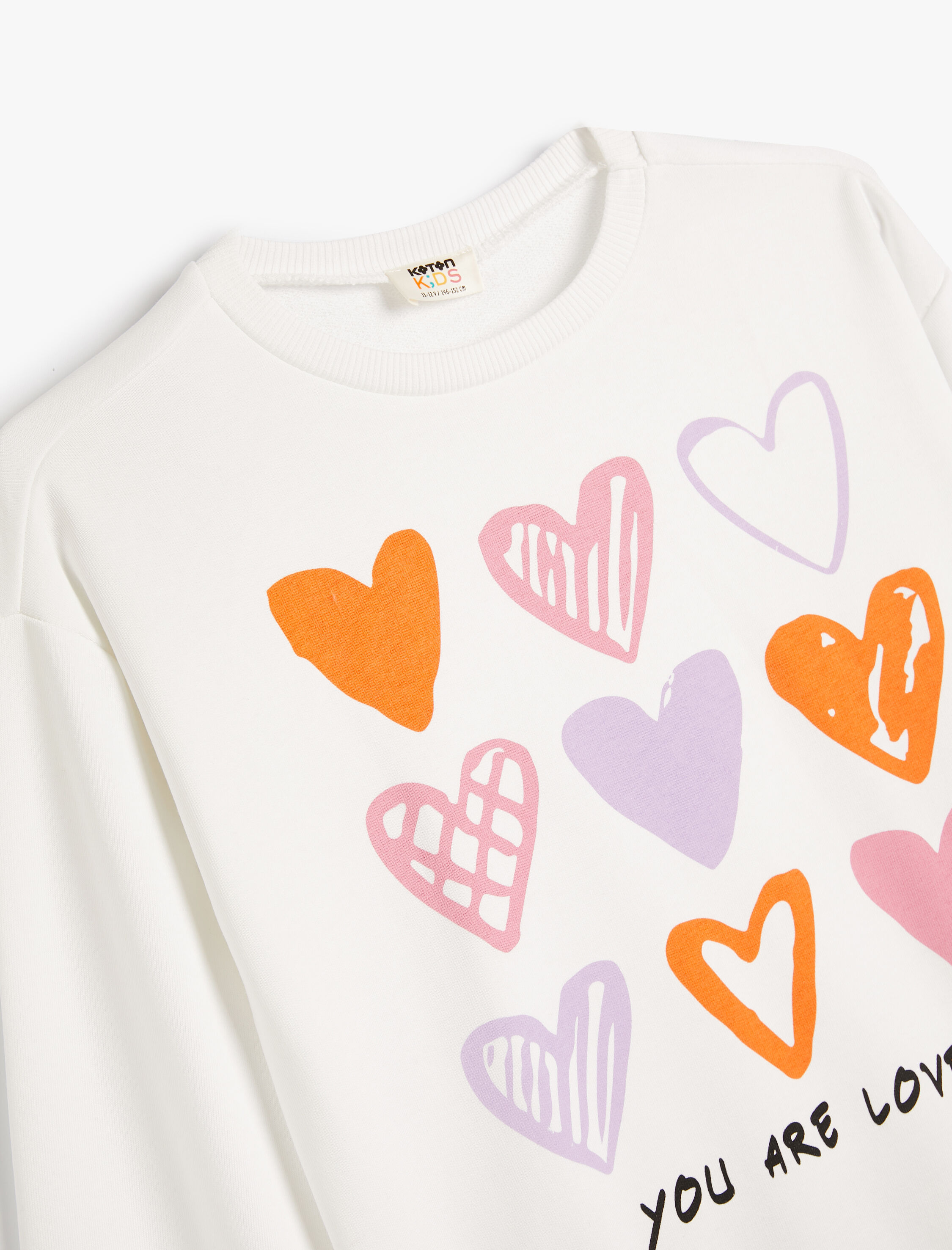  Kız Çocuk Sweatshirt Uzun Kollu Bisiklet Yaka Kalp Baskı Detaylı Pamuklu