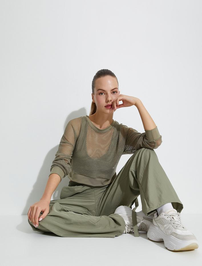  Fileli Crop Spor Tişört Uzun Kollu Bisiklet Yaka