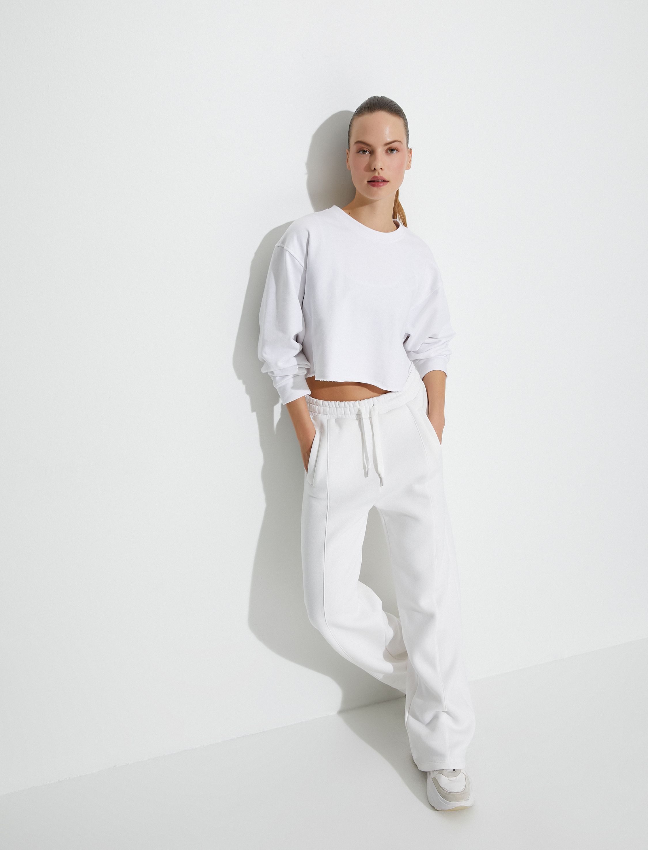   Oversize Crop Sweatshirt Şardonlu Basic Uzun Kollu Pamuklu