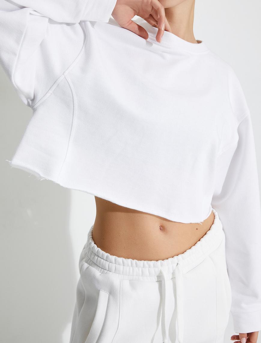   Oversize Crop Sweatshirt Şardonlu Basic Uzun Kollu Pamuklu