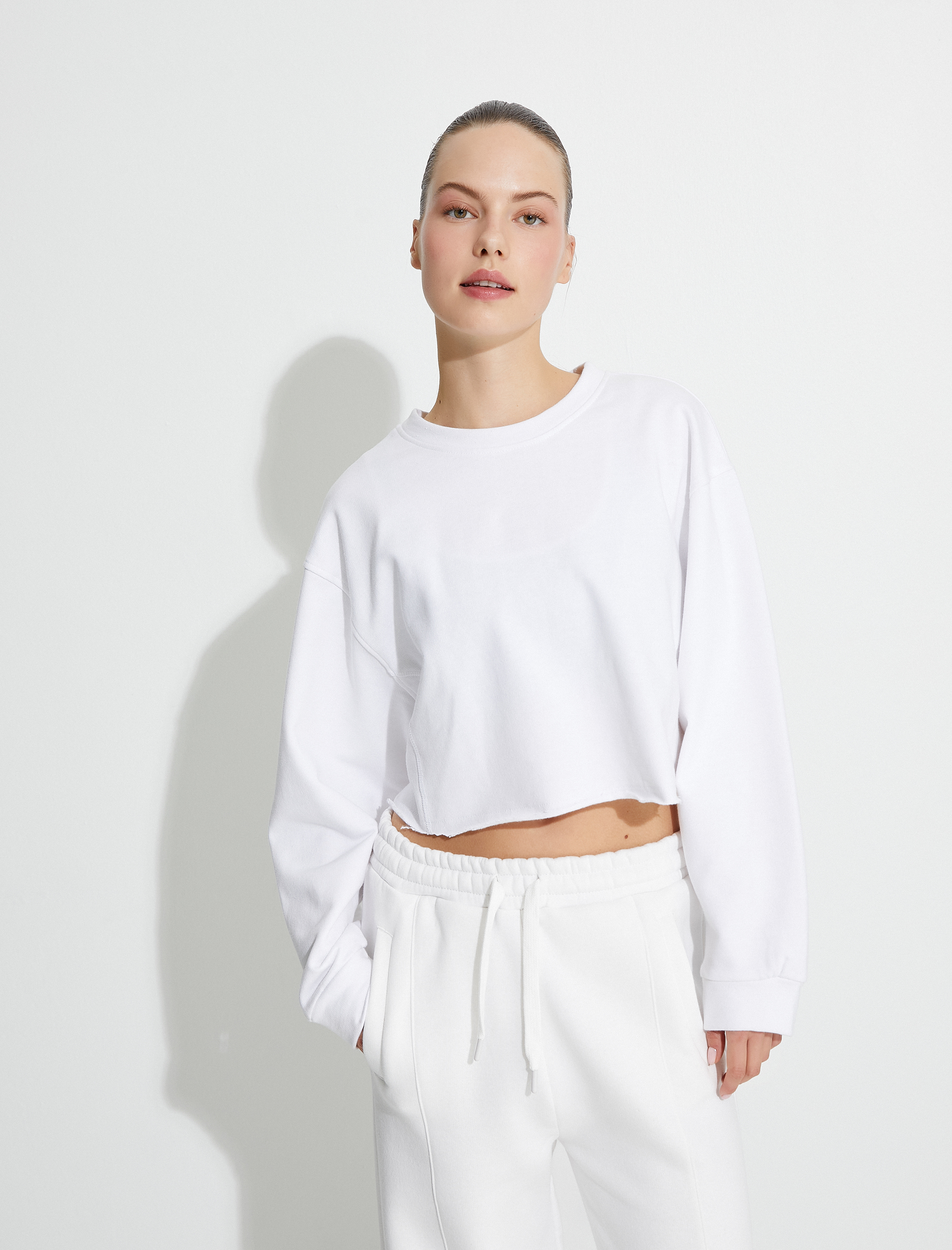   Oversize Crop Sweatshirt Şardonlu Basic Uzun Kollu Pamuklu