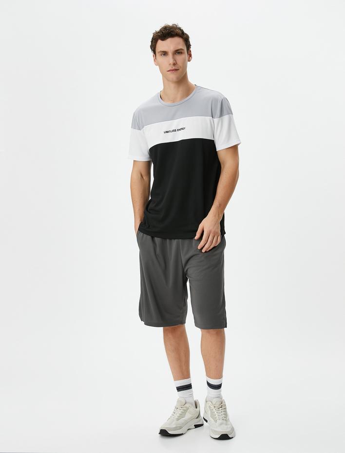  Spor Tişört Renk Bloklu Kısa Kollu Bisiklet Yaka Baskılı