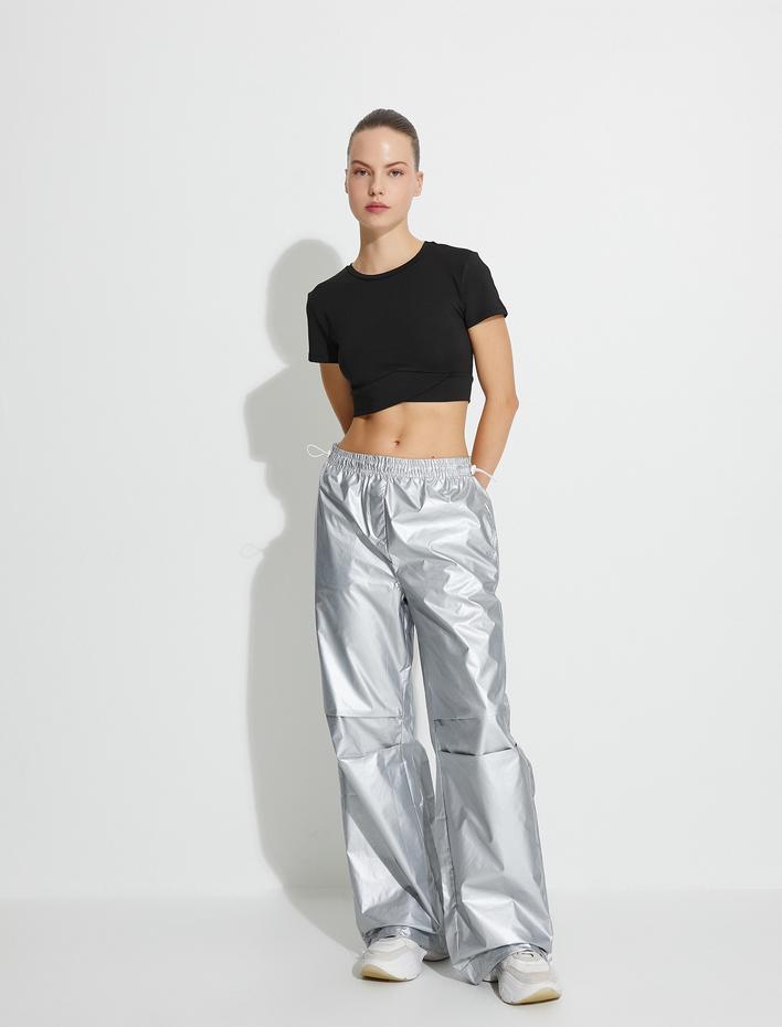  Spor Crop Yoga Tişört Slim Fit Asimetrik Detaylı Kısa Kollu Bisiklet Yaka