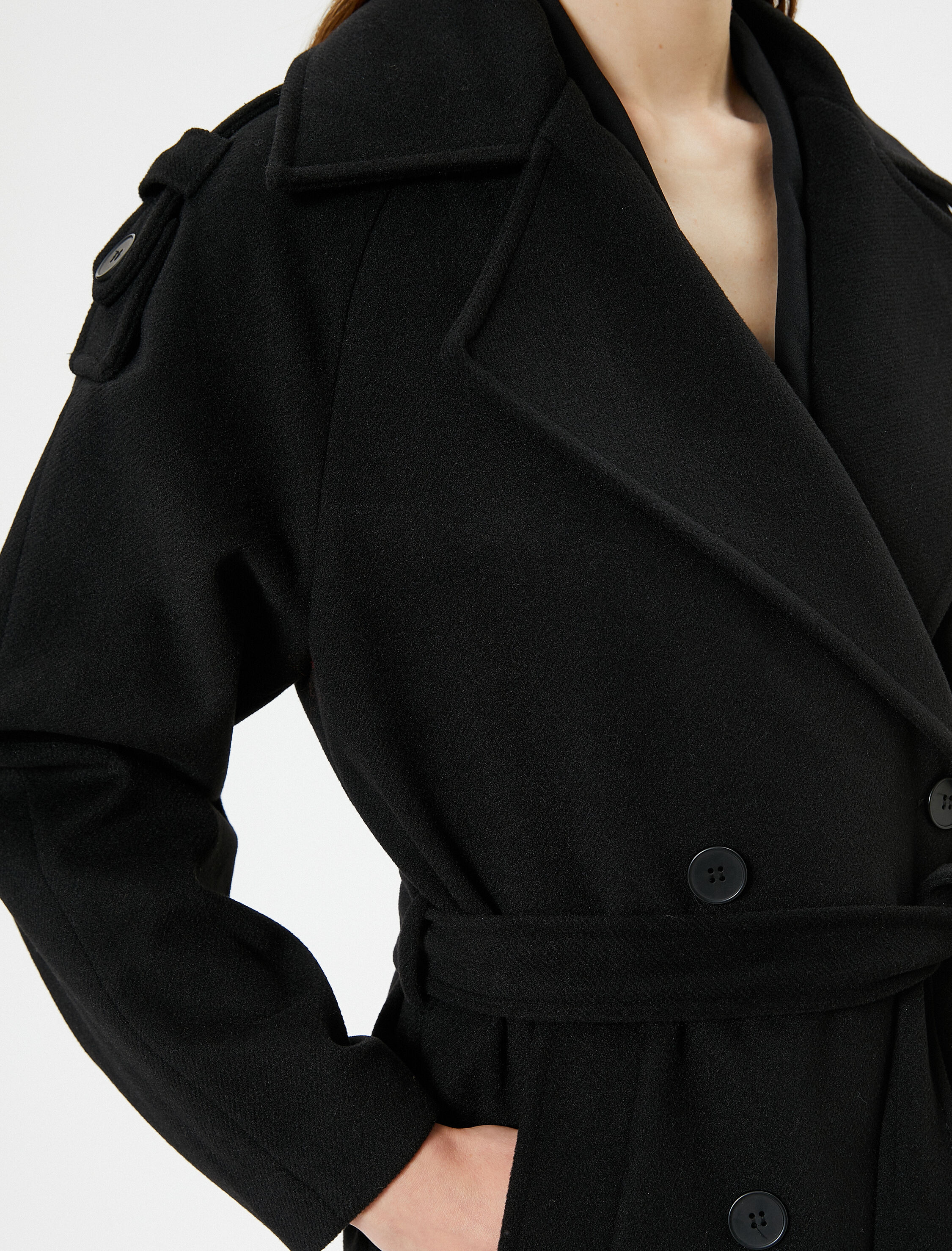   Uzun Kaşe Kaban Kruvaze Düğmeli Cepli Kuşaklı